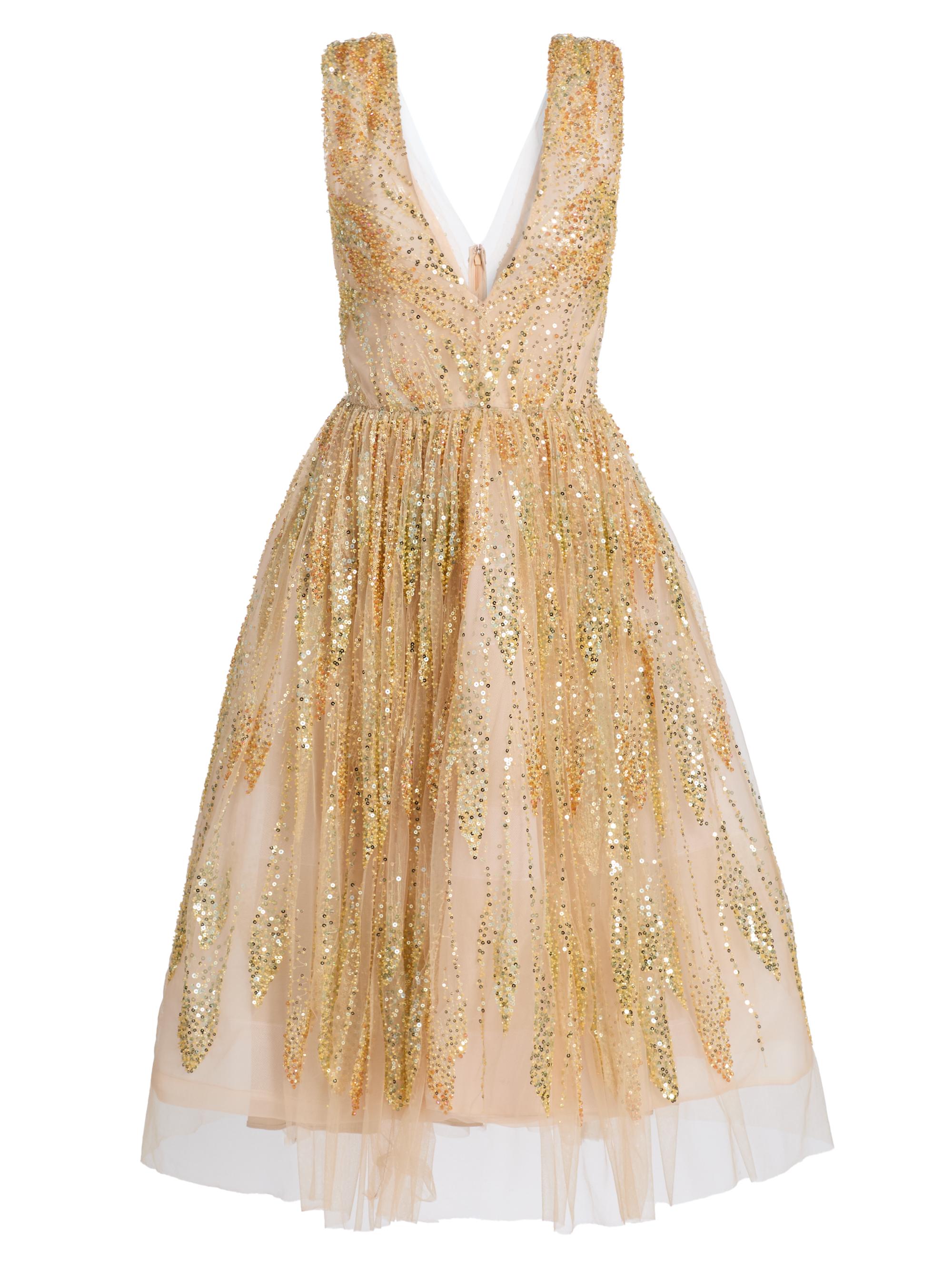 slim fit dress slacks SHIMMER IN GOLD MIDI DRESS – AKIRA main image 1