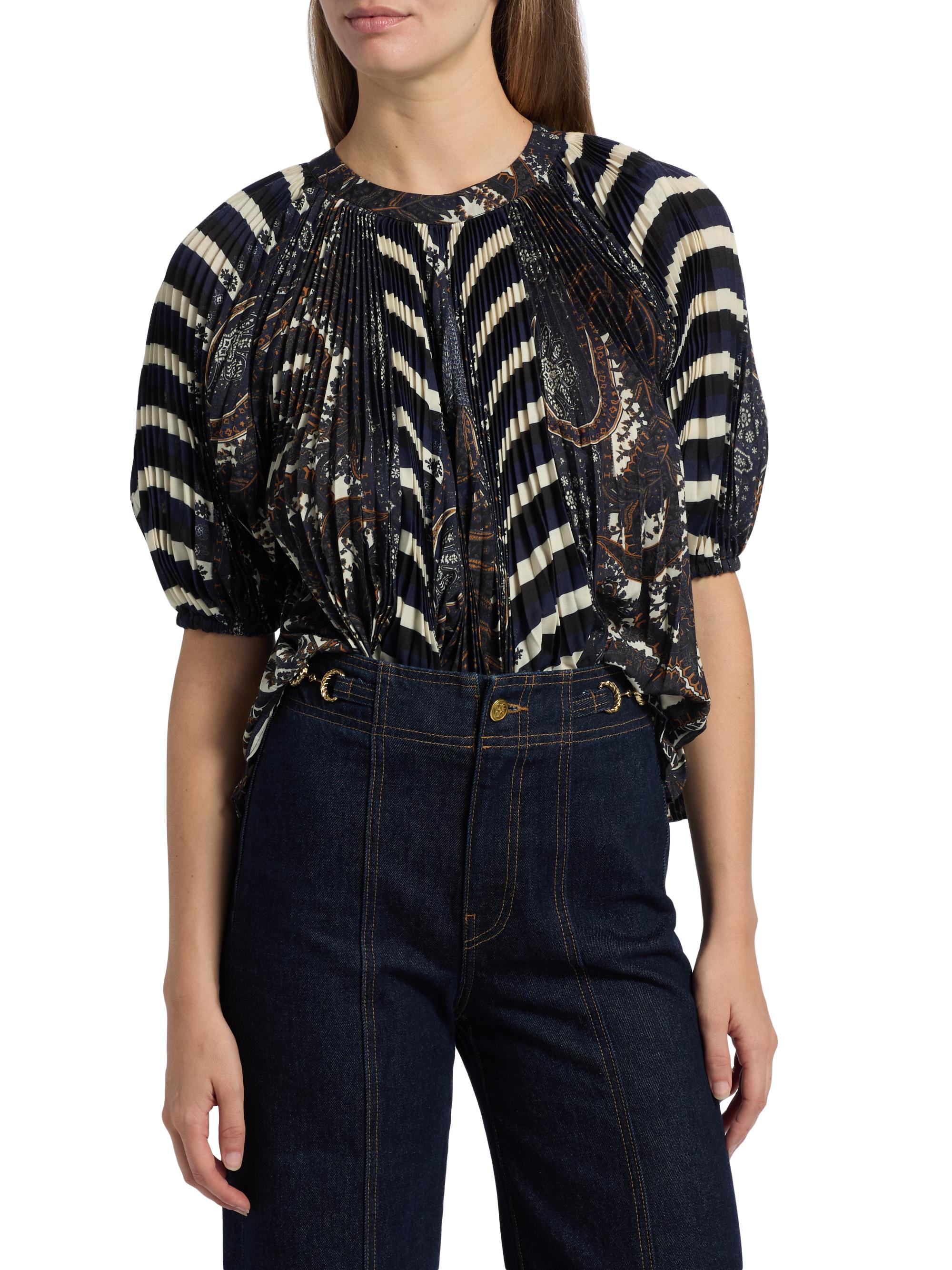 Ulla Johnson Dafne Printed Pleated Short-Sleeve Blouse | Saks