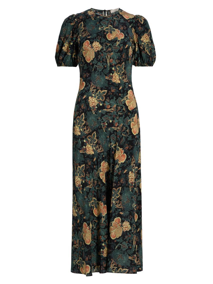 elegant floral round neckline midi x-line dress Lissa | Lemon Floral Bouquet Print Square-Neck Midi Dress main image 1