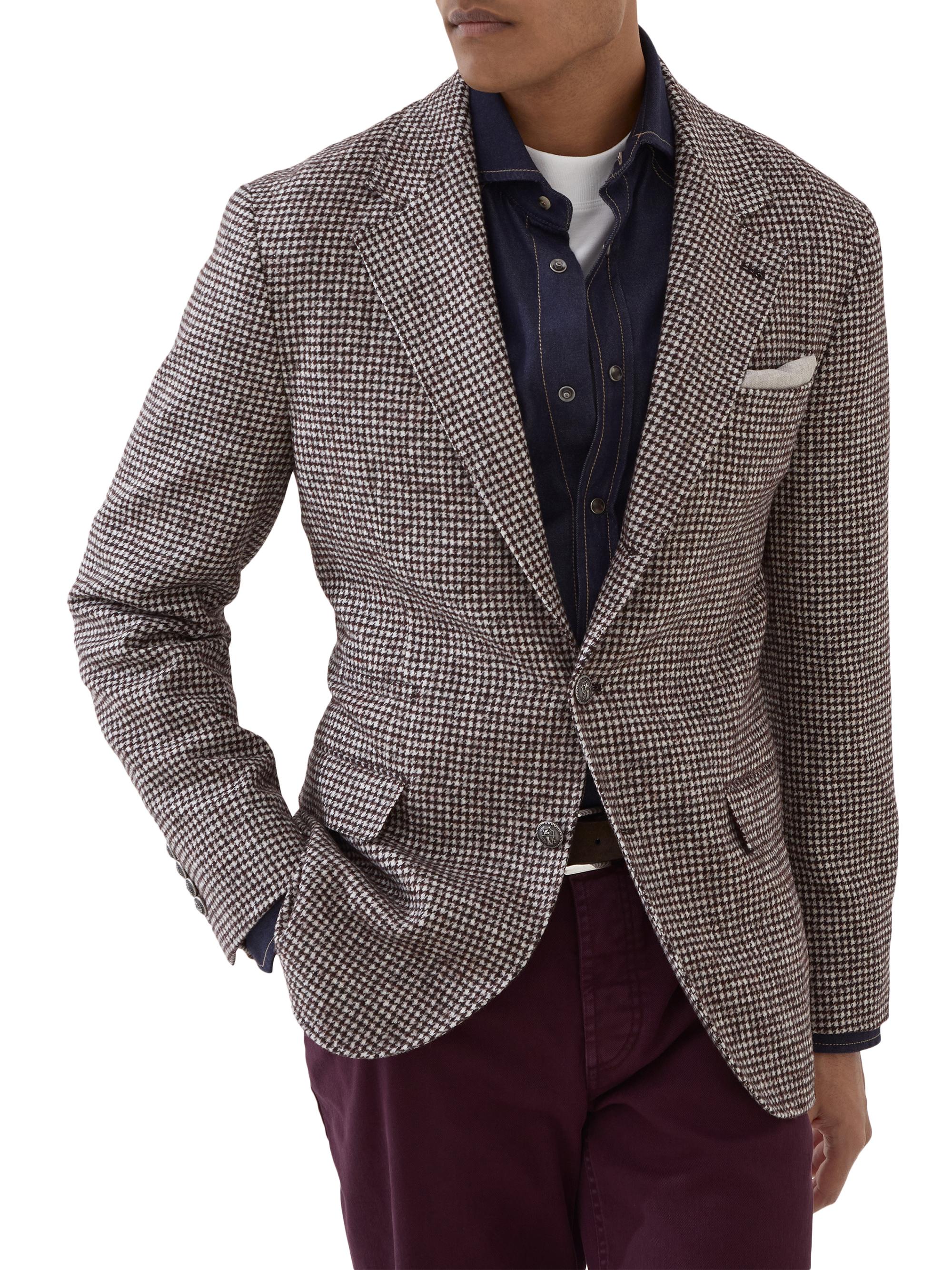 Brunello Cucinelli Men's Wool and Alpaca Houndstooth Deconstructed Blazer - Brown