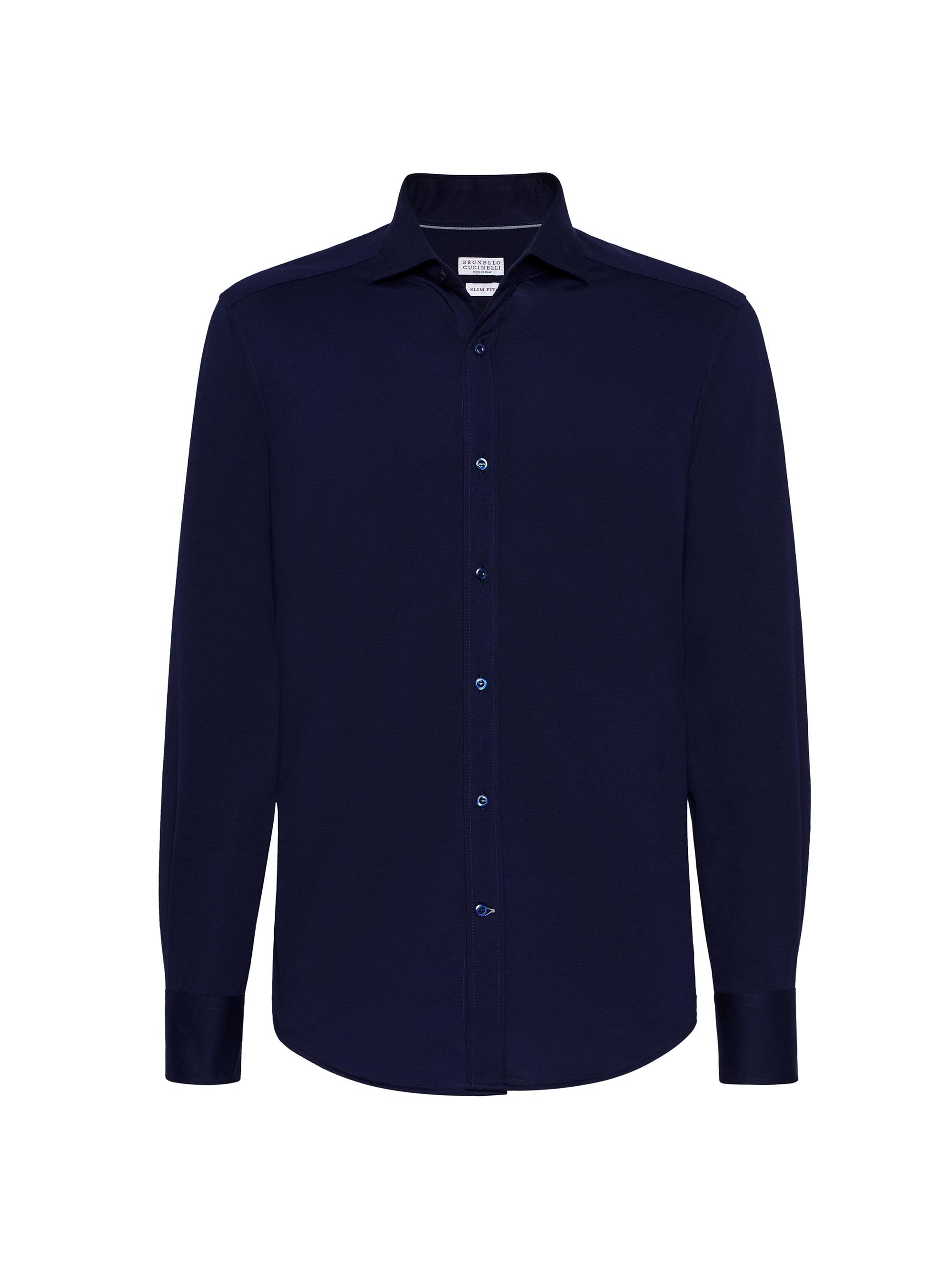 Brunello Cucinelli Men's Cotton Piqué Basic Fit Shirt with Spread Collar - Navy Blue