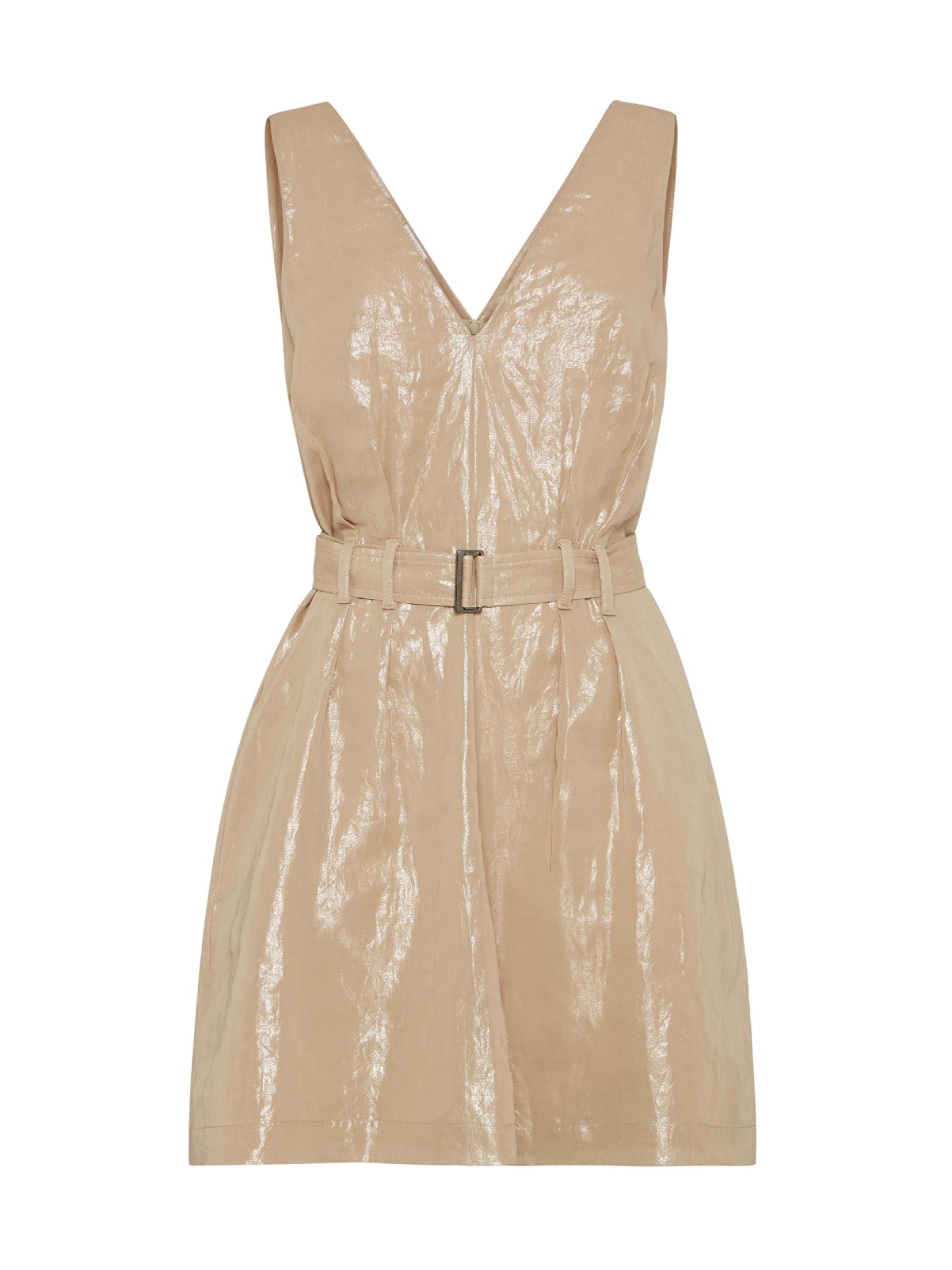 Brunello Cucinelli Women's Lamé Cotton Gauze Mini Dress with Belt - Camel