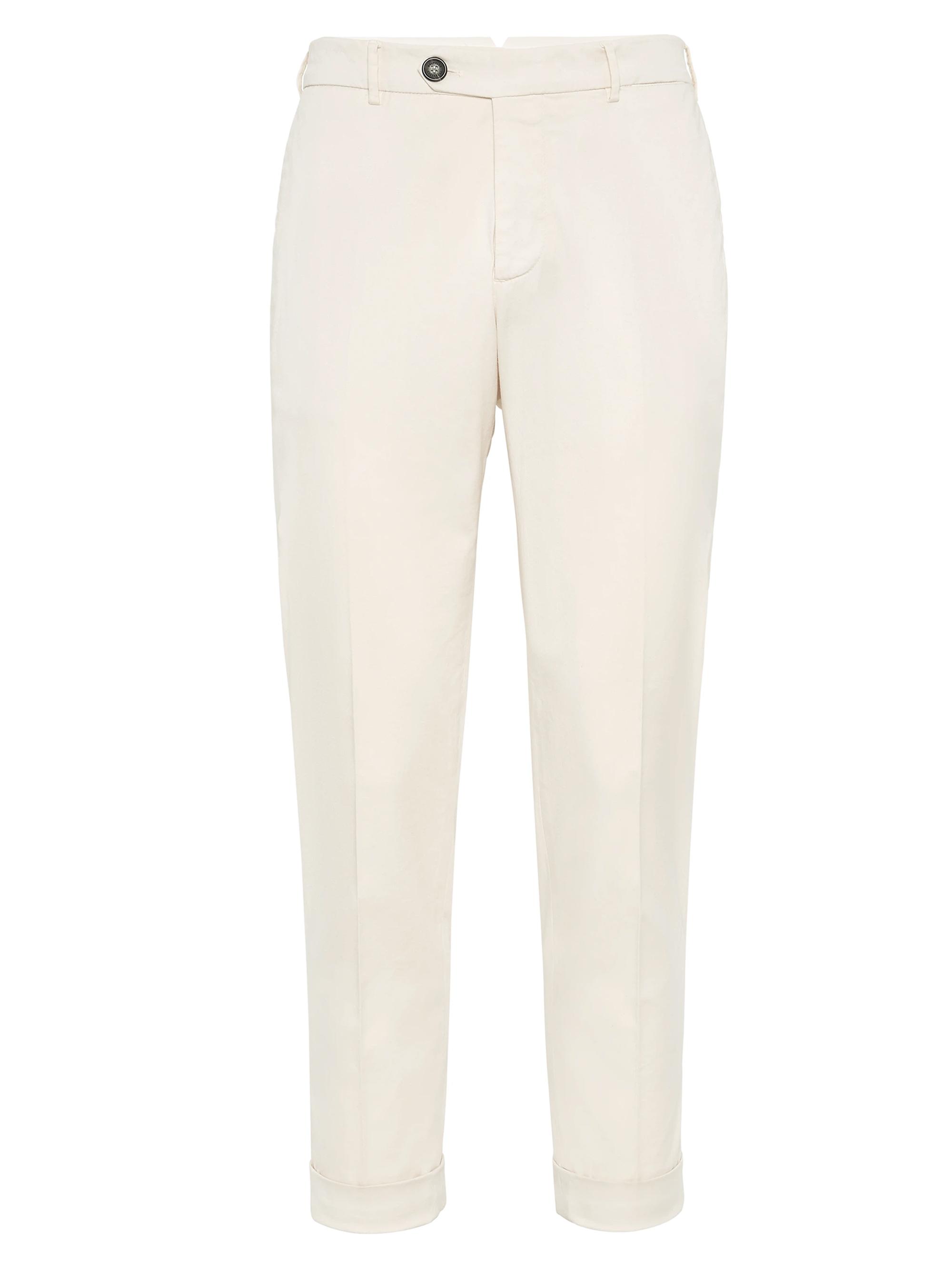 Brunello Cucinelli Men's Garment Dyed Italian Fit Trousers in Cotton Gabardine - Off White