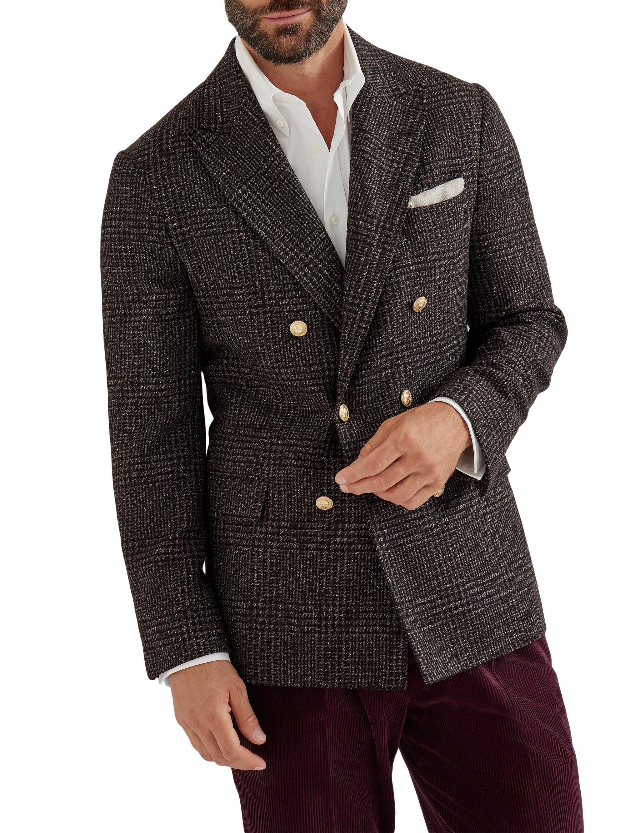 Brunello Cucinelli Men's Prince of Wales One and a Half Breasted Deconstructed Blazer - Brown