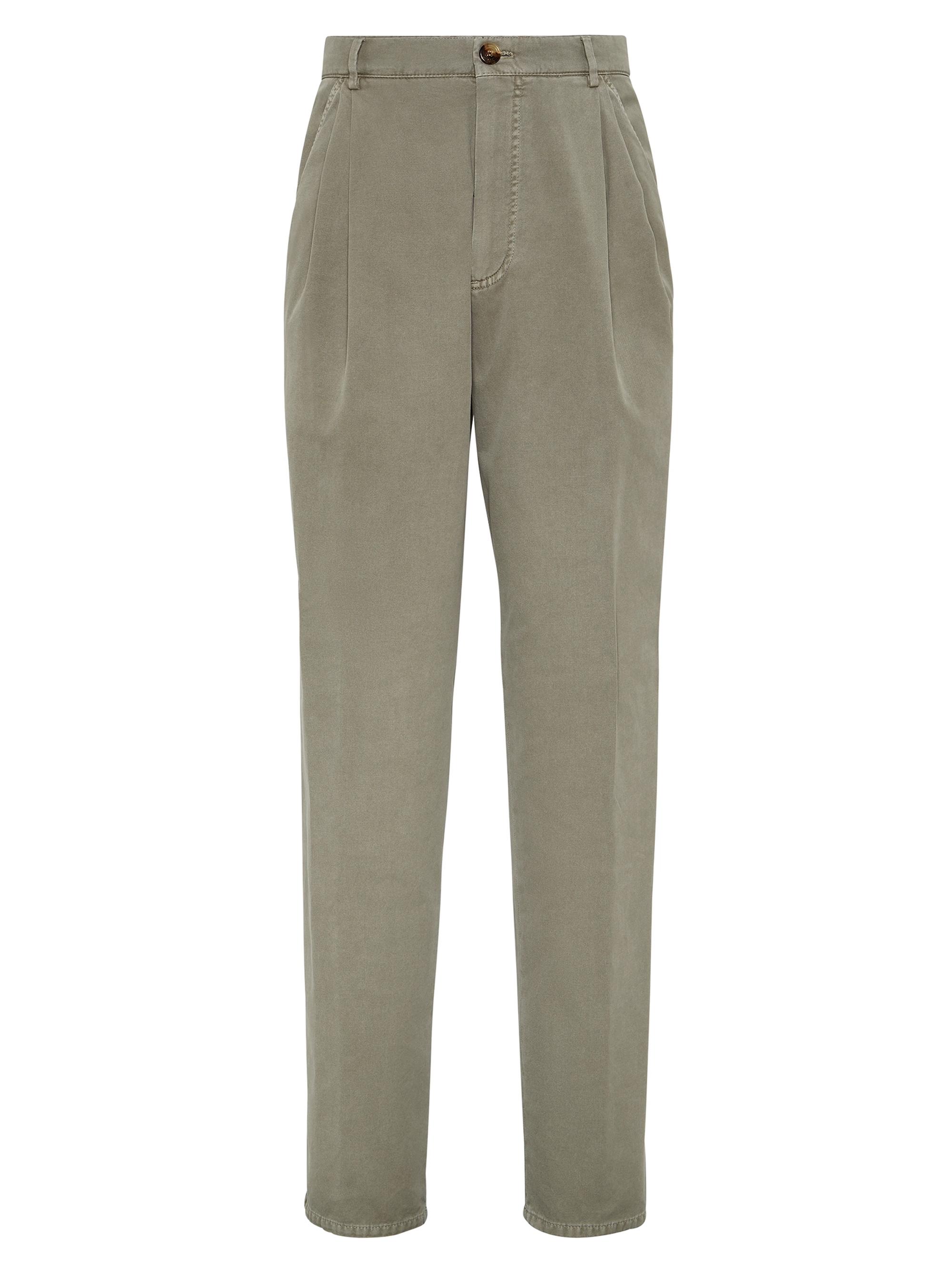 Brunello Cucinelli Men's Twisted Cotton Gabardine Trousers with Double Pleats - Khaki