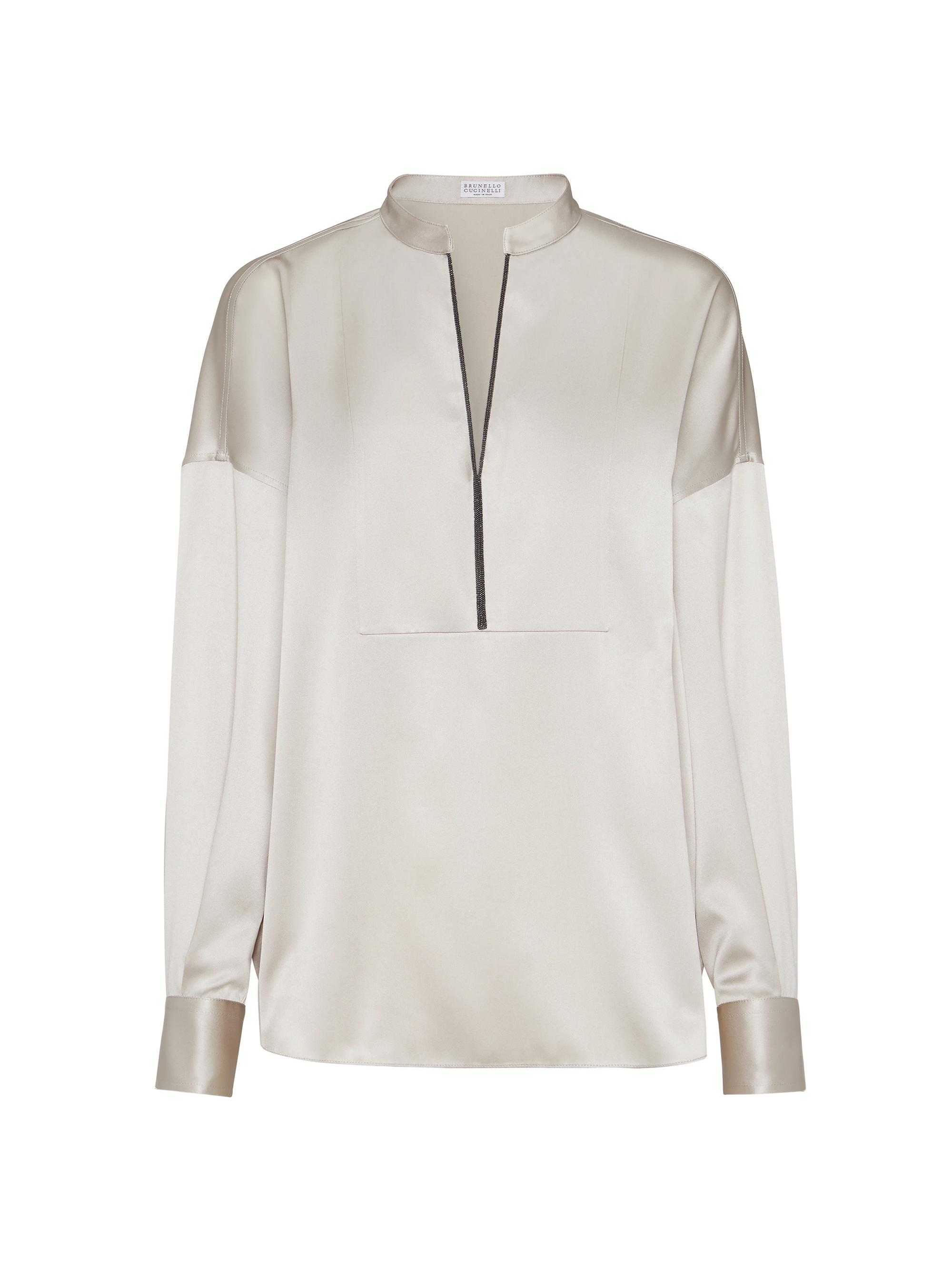 Brunello Cucinelli Women's Stretch Silk Satin Blouse with Shiny Plastron - Silk
