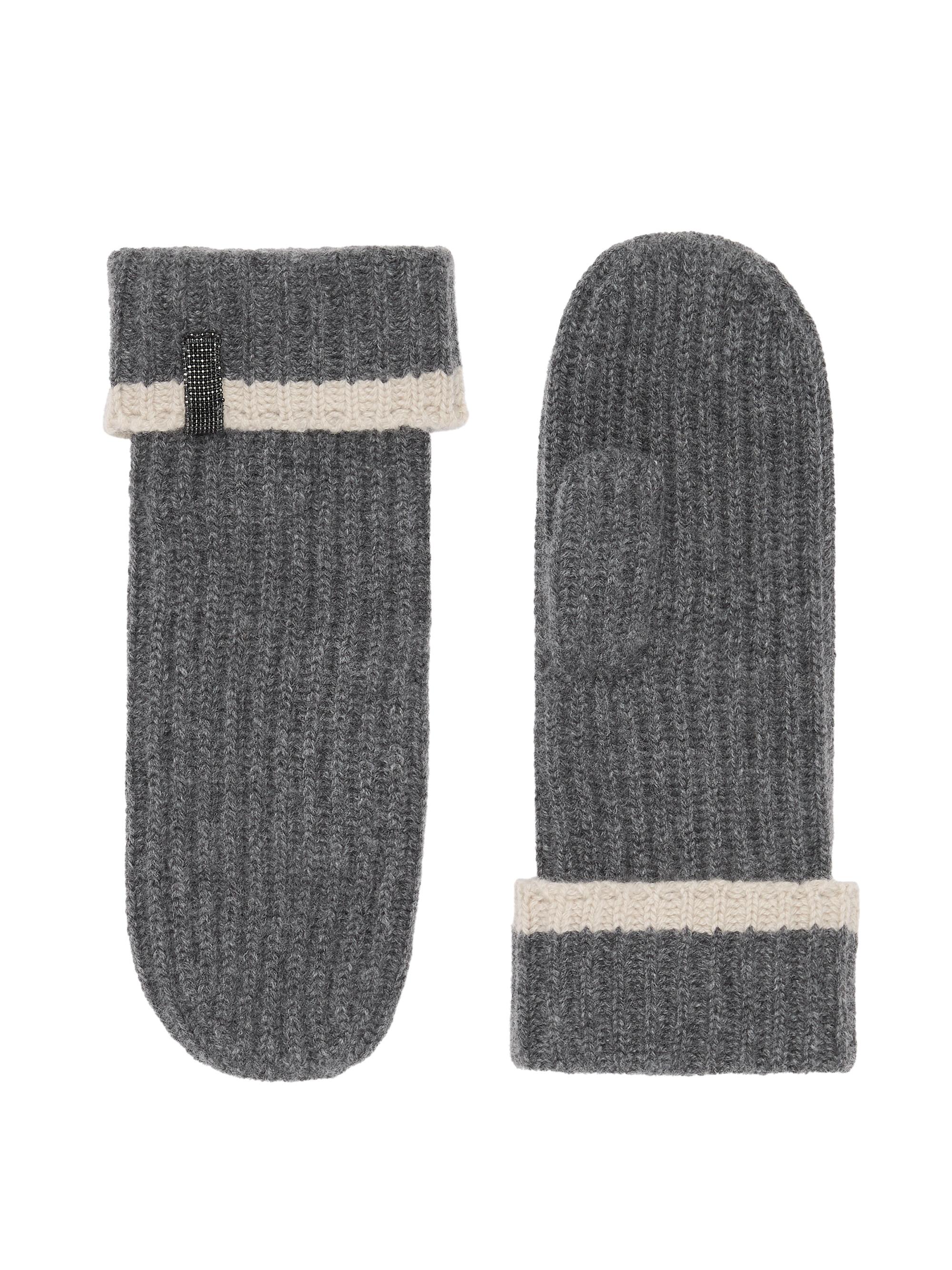 Brunello Cucinelli Women's Cashmere English Rib Knit Mittens with Monili - Medium Grey