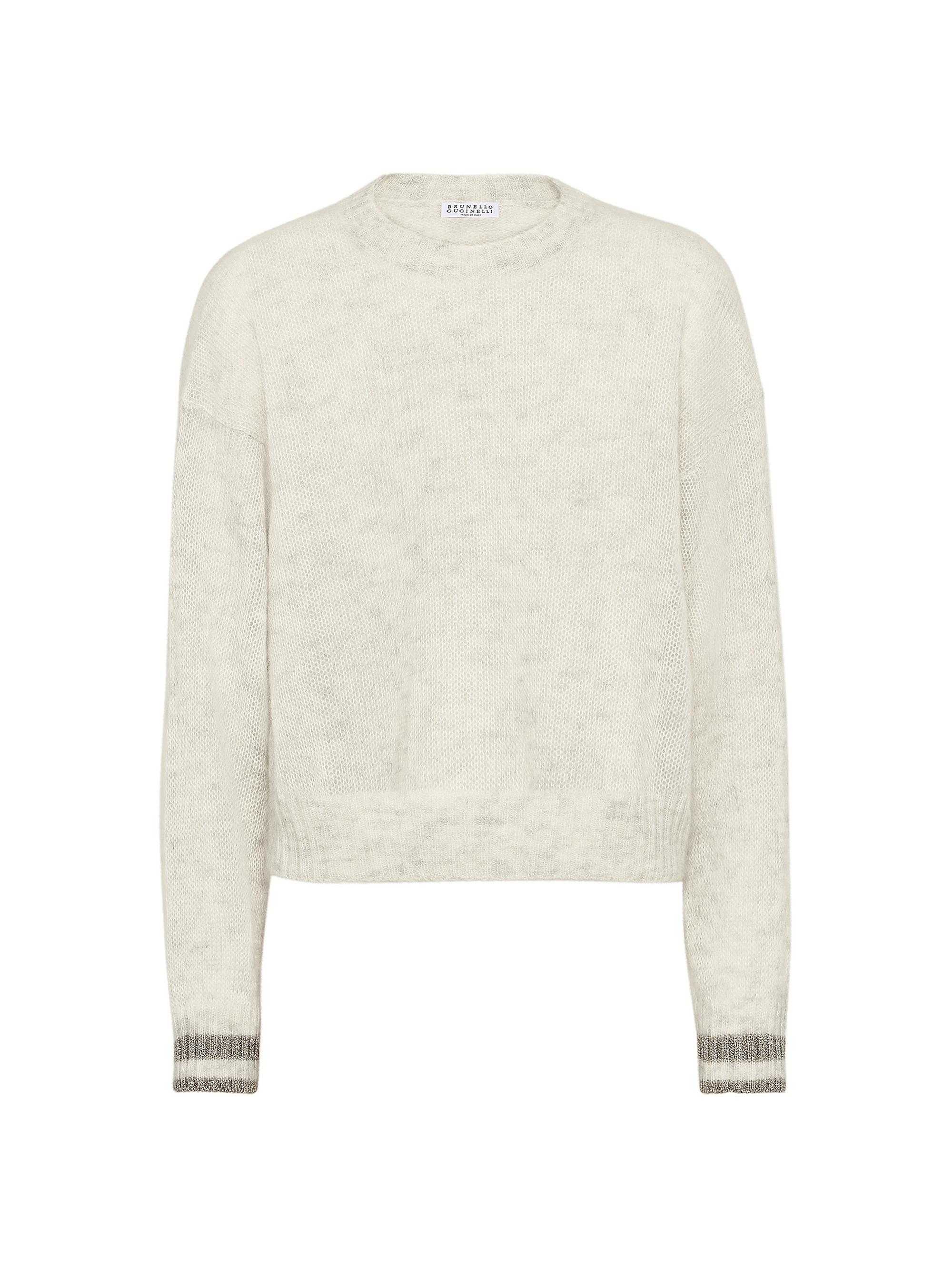 Brunello Cucinelli Women's Mohair and Wool Sweater with Sparkling Striped Cuffs - Cool Beige