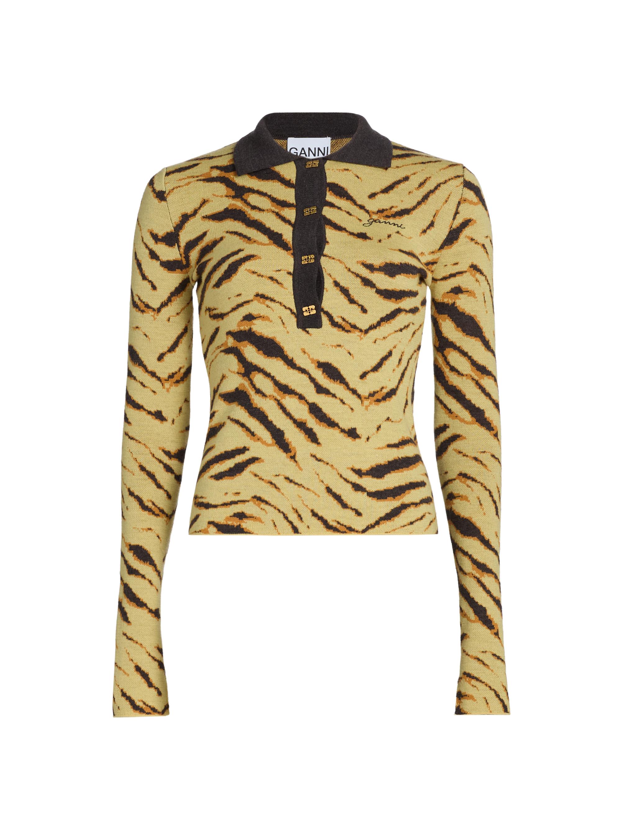Ganni Women's Animal-Printed Merino Wool Polo Shirt - Multicolour