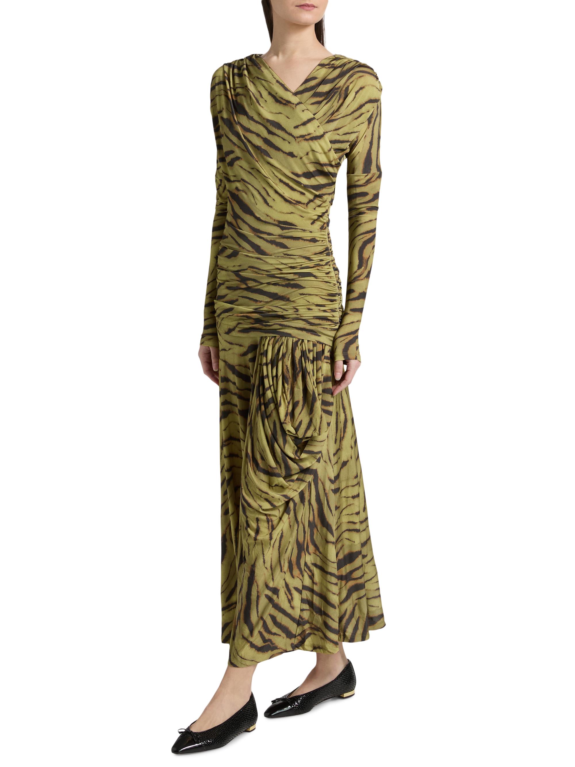 ganni green zebra dress Ganni Silk Stretch Satin Tiger Wrap Dress In Lime Tiger