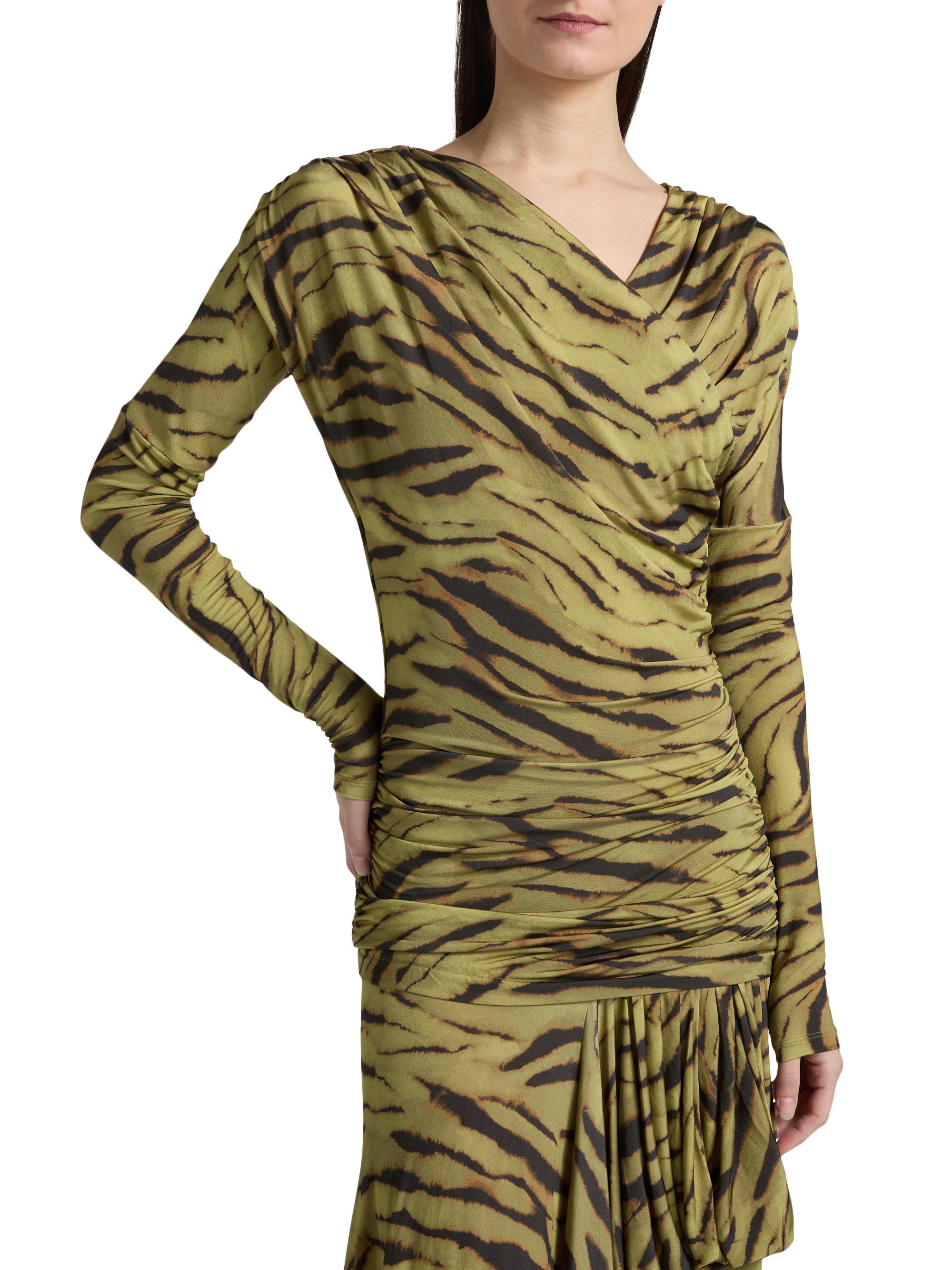 zebra print ruched dress Karen Millen Abstract Zebra Print Ruched Detail High Neck Long Sleeve Crepe Midi Dress
