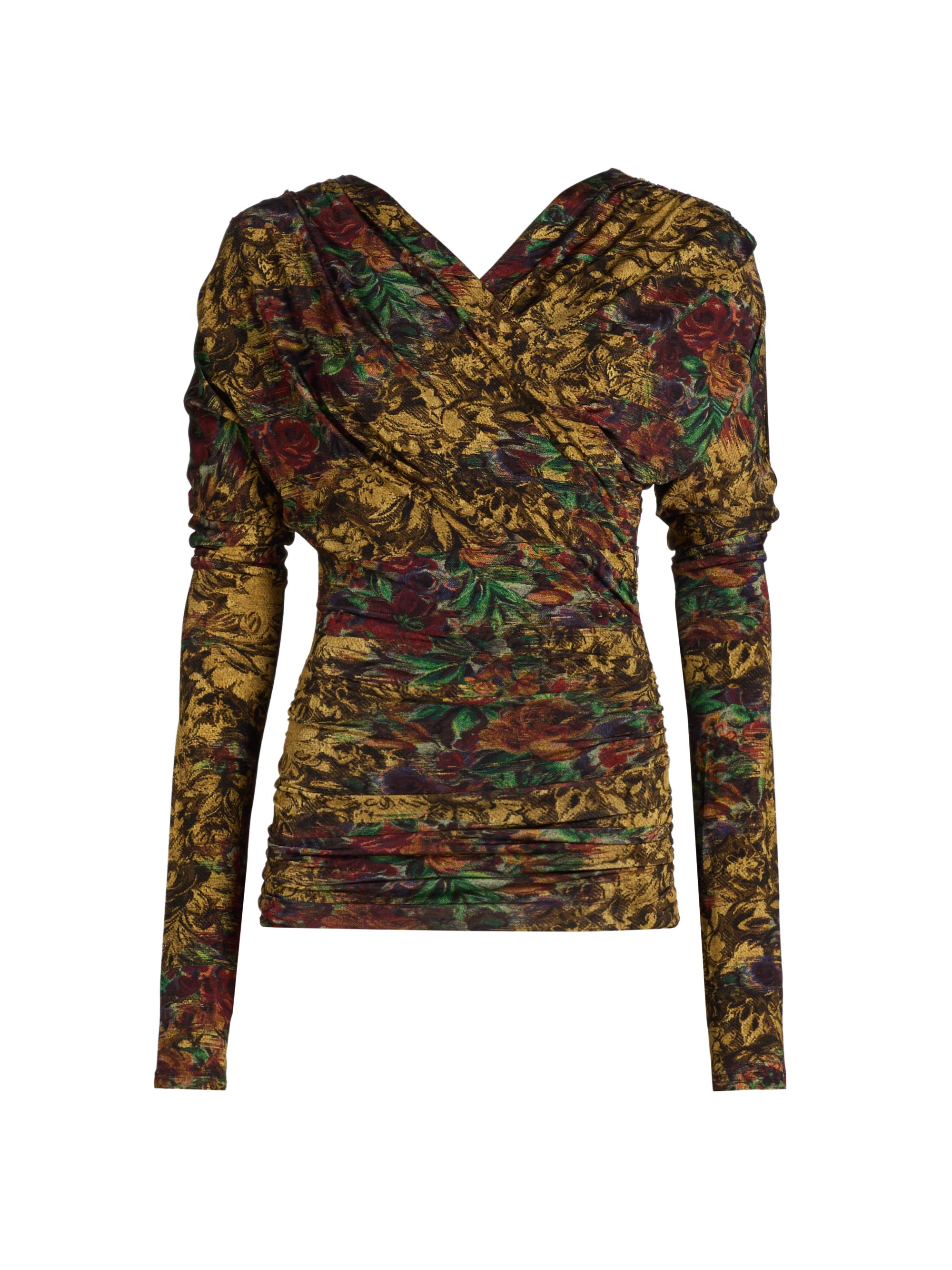Ganni Women's Ruched Floral Long-Sleeve Top - Custard