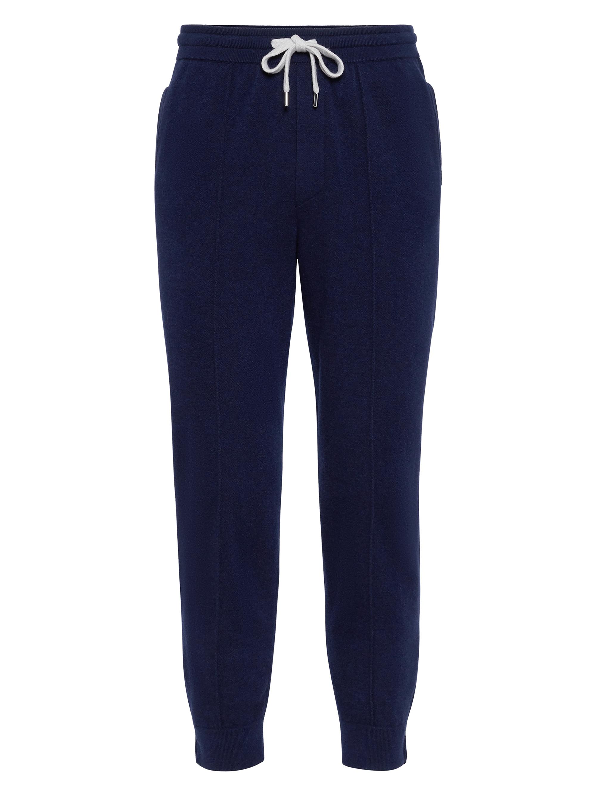 Brunello Cucinelli Men's Cashmere Double Knit Trousers with Crête Detail - Marine Blue