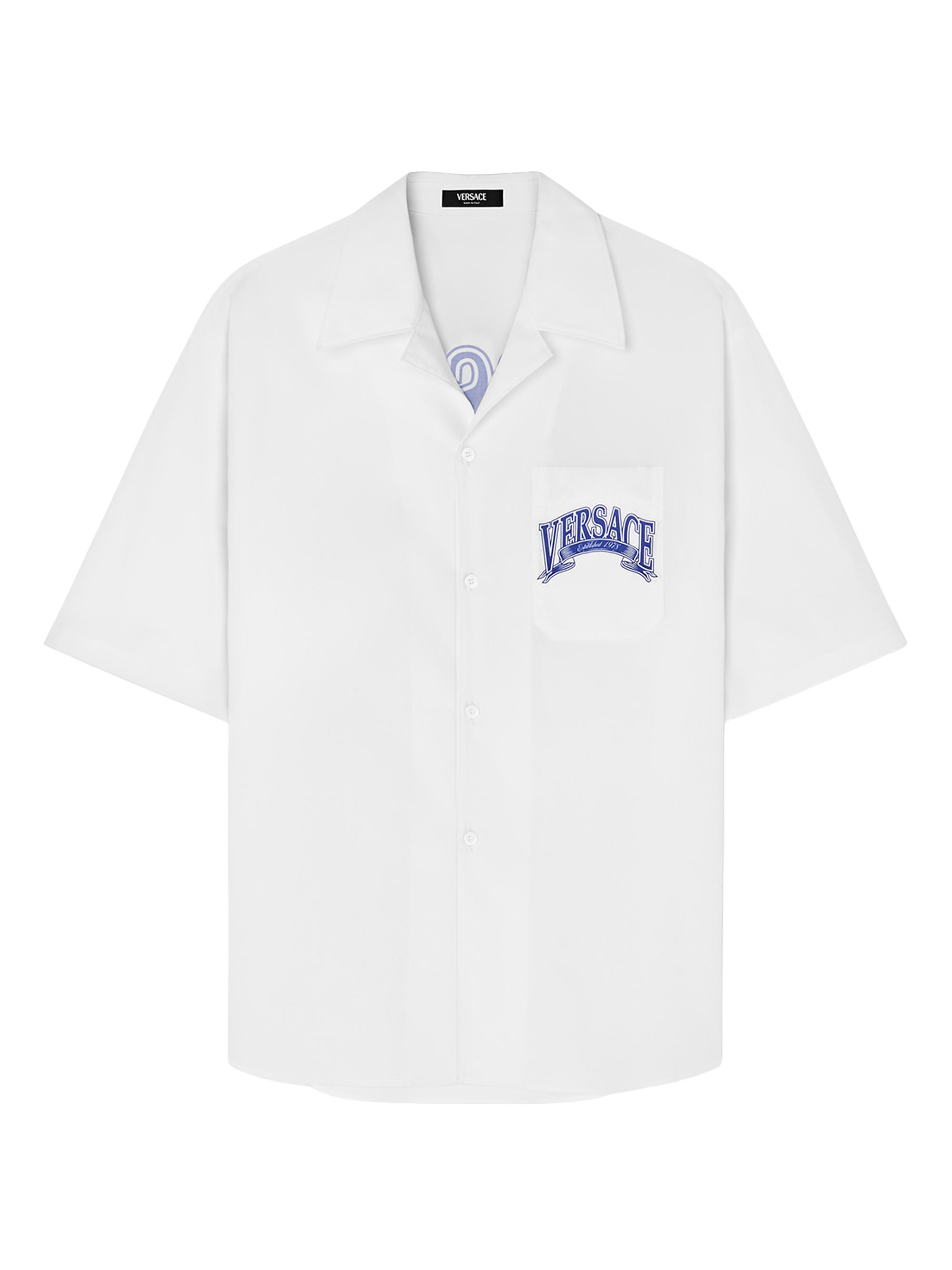 Versace Men's Crest Cotton Poplin Short-Sleeve Shirt - White Print