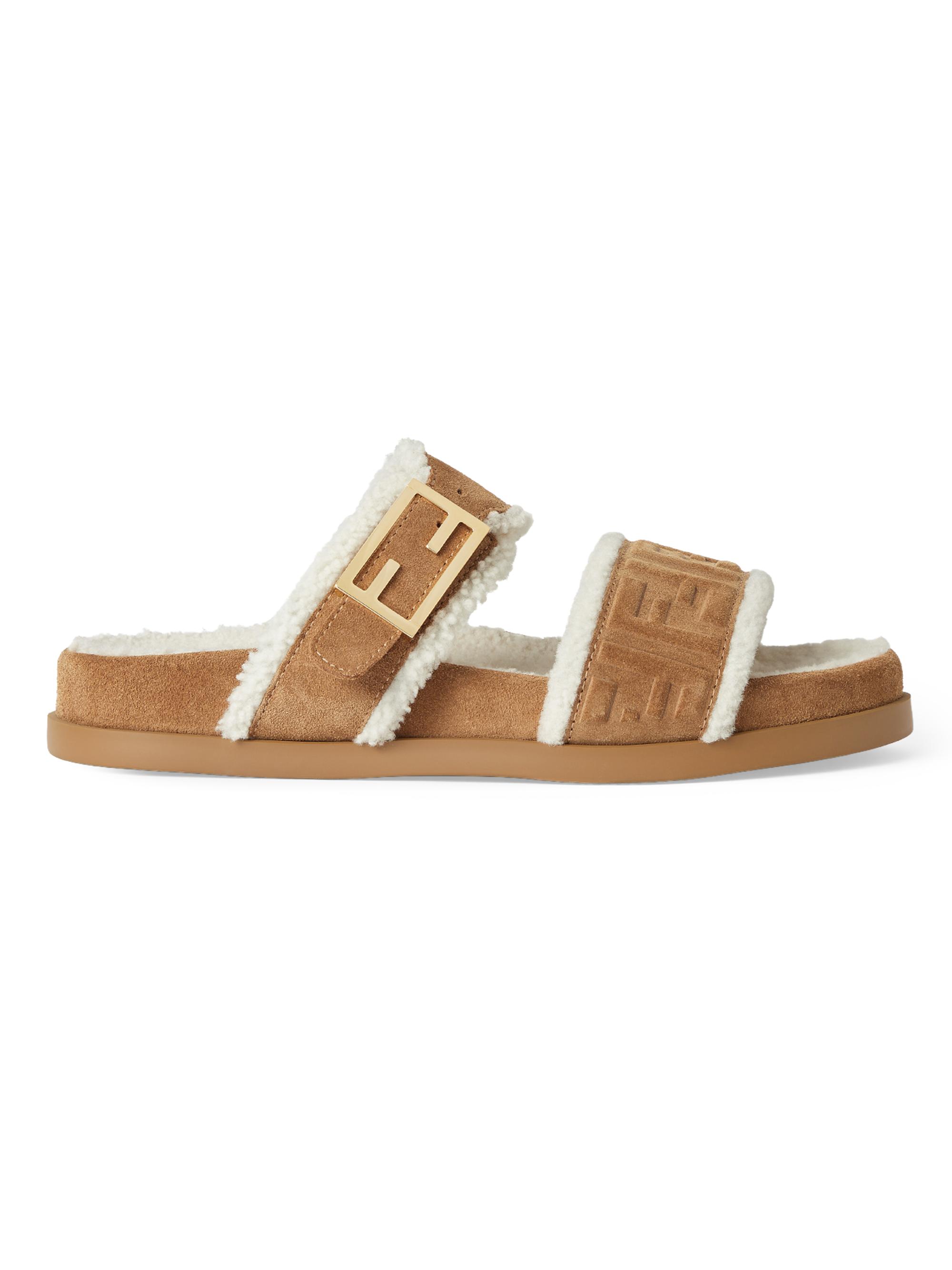 Fendi Women's  Feel Shearling-Lined Buckle Suede Sandals - Bronze