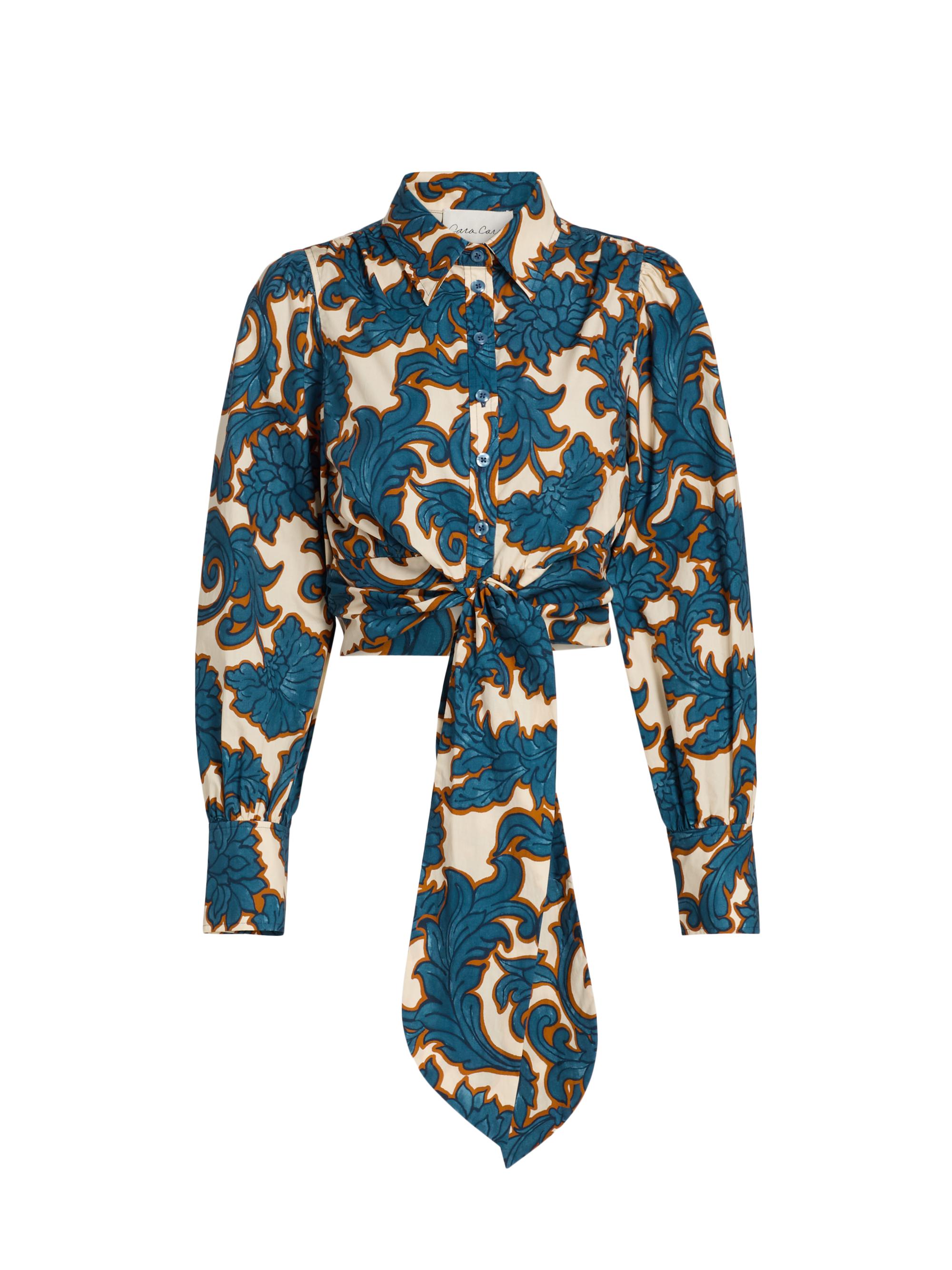 Cara Cara Women's Sia Printed Tie-Waist Crop Shirt - Mystic Floral Blue
