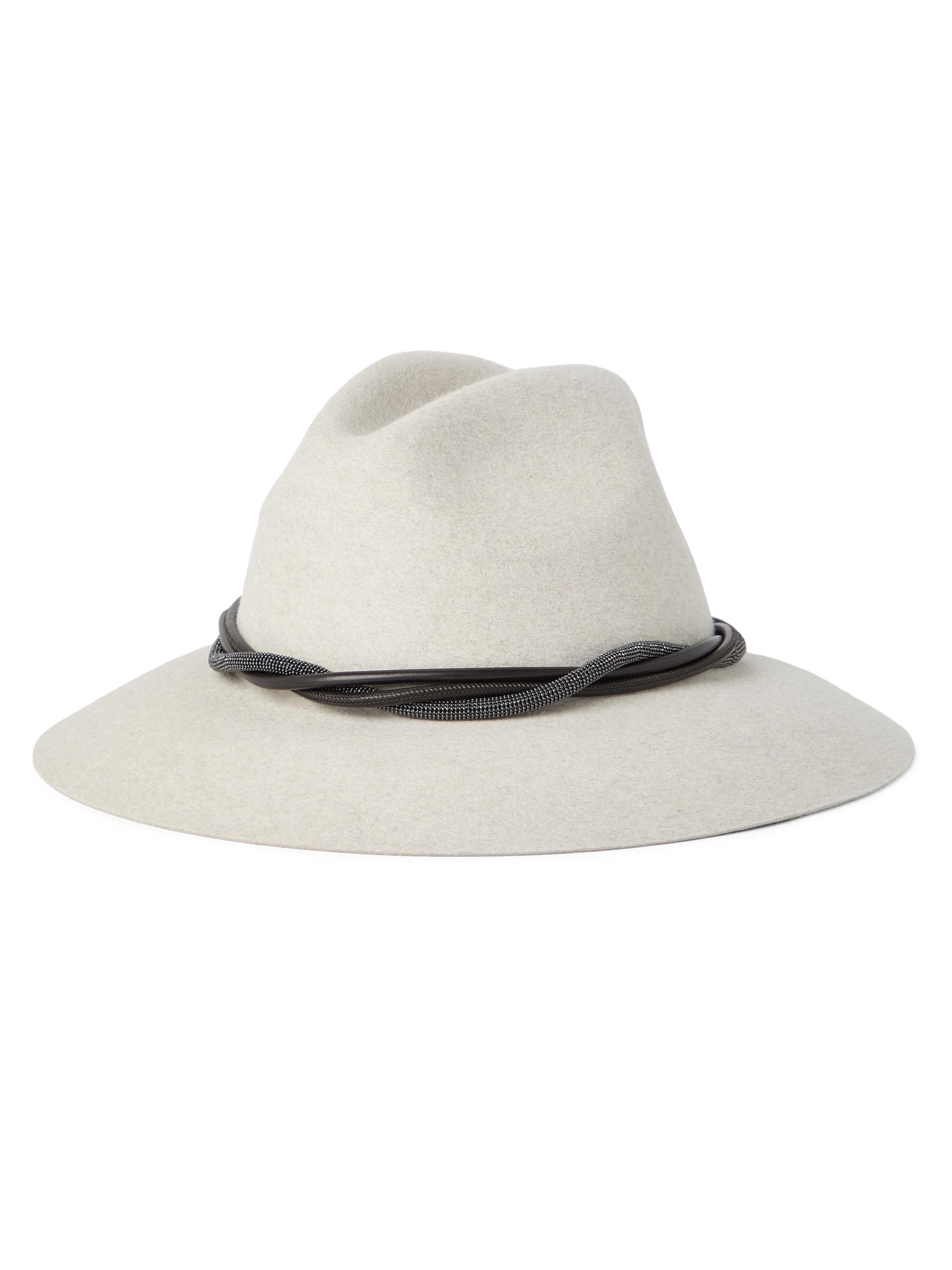 Brunello Cucinelli Women's Felt Fedora with Leather and Monili Band - Light Grey