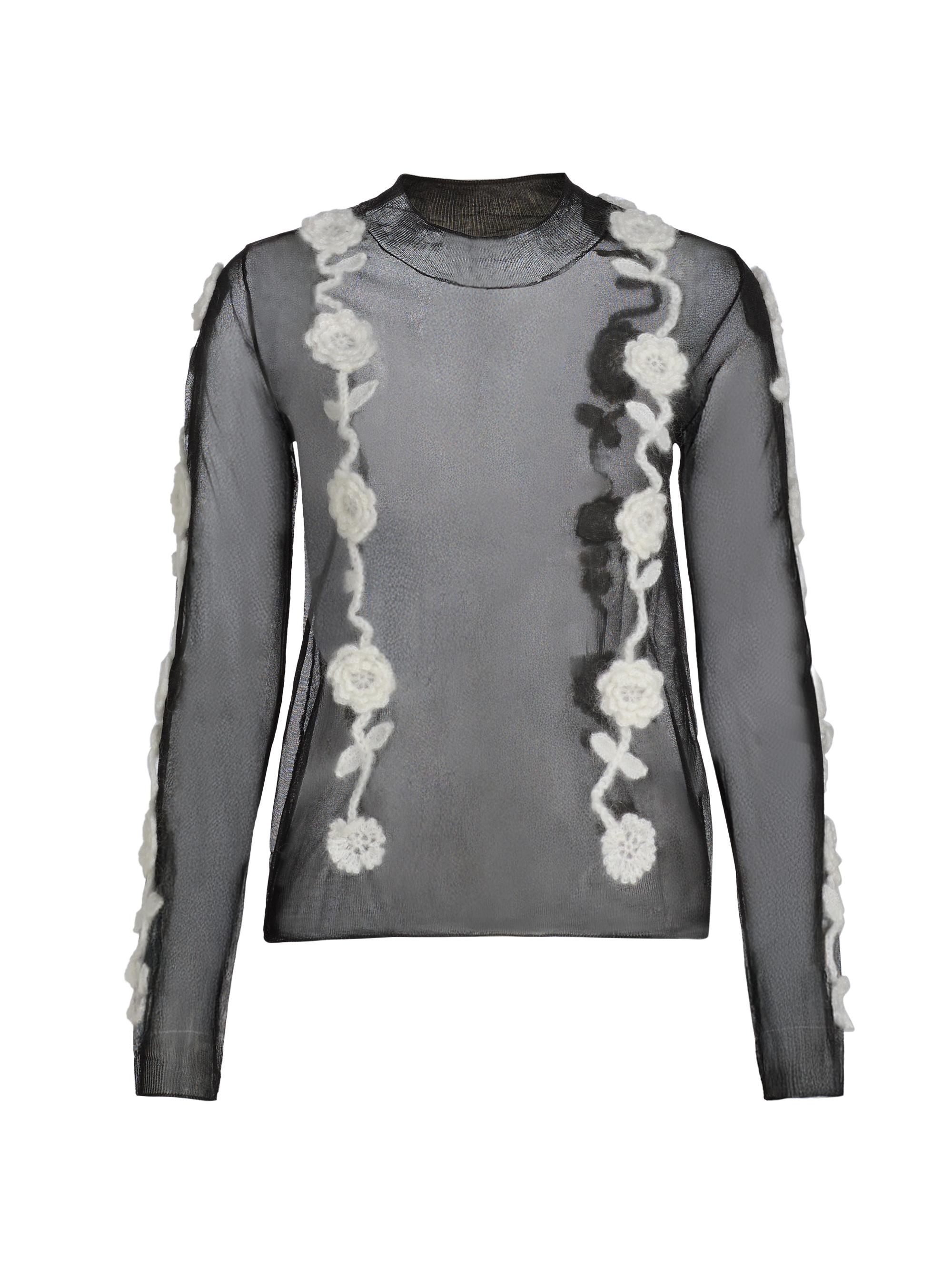 Ganni Women's Crochet Flower Appliqué Mesh Knit Top - Black