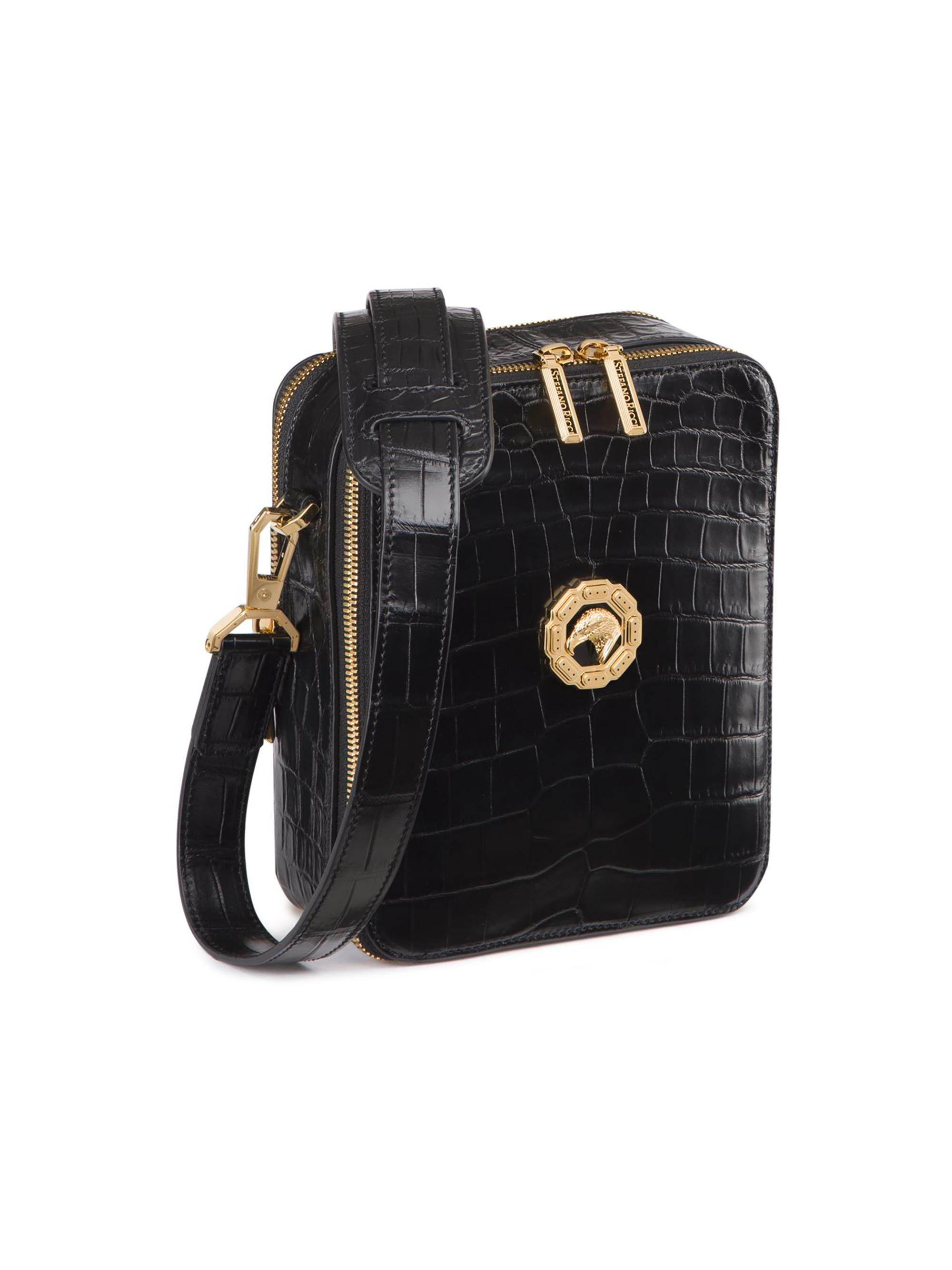 Stefano Ricci Men's Crocodile Leather Messenger Bag - Black - back view in Black