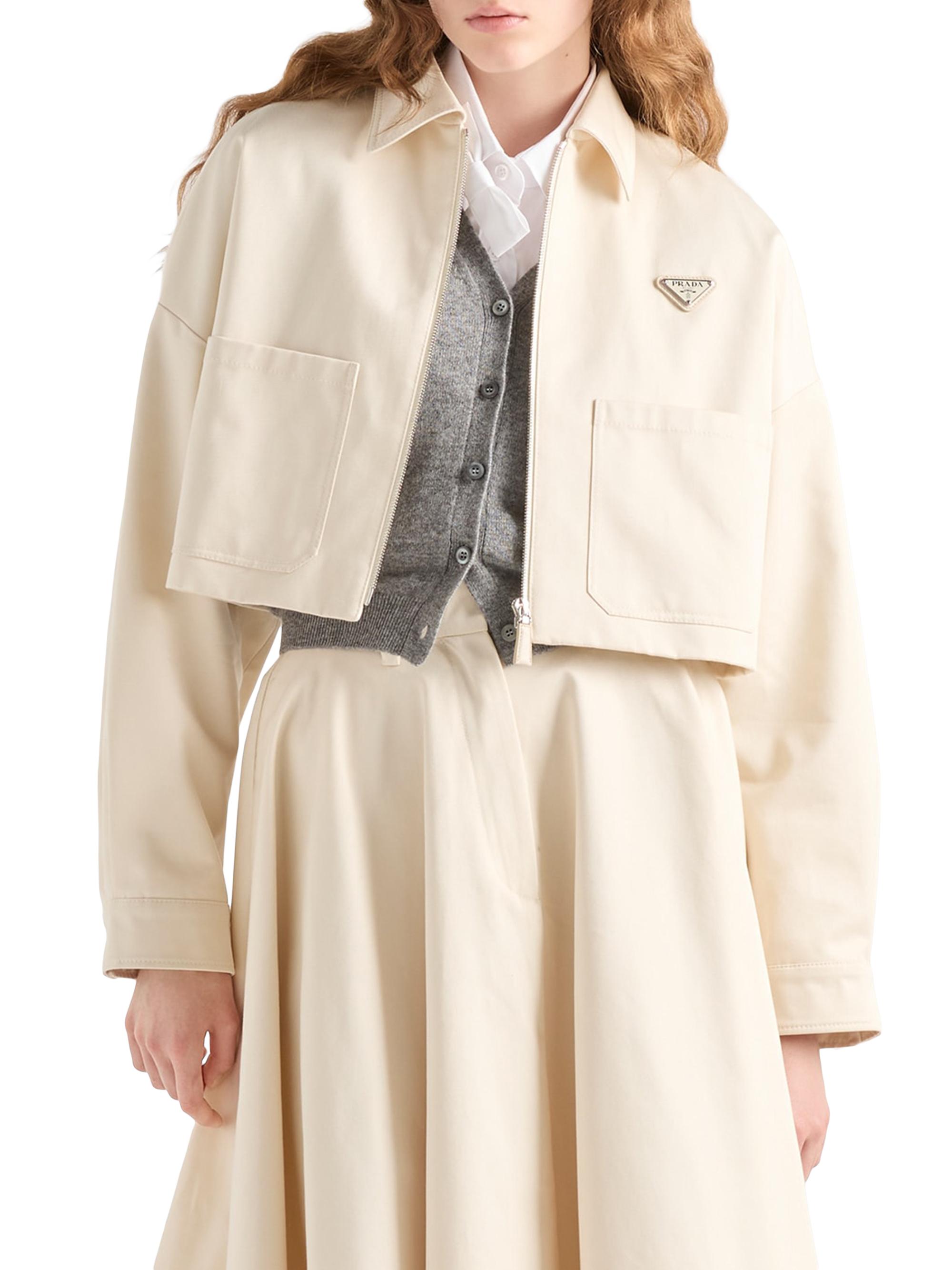 美品【 PRADA 】 シルク混ジャケット 42 光沢ベージュ ギャザー襟 開襟