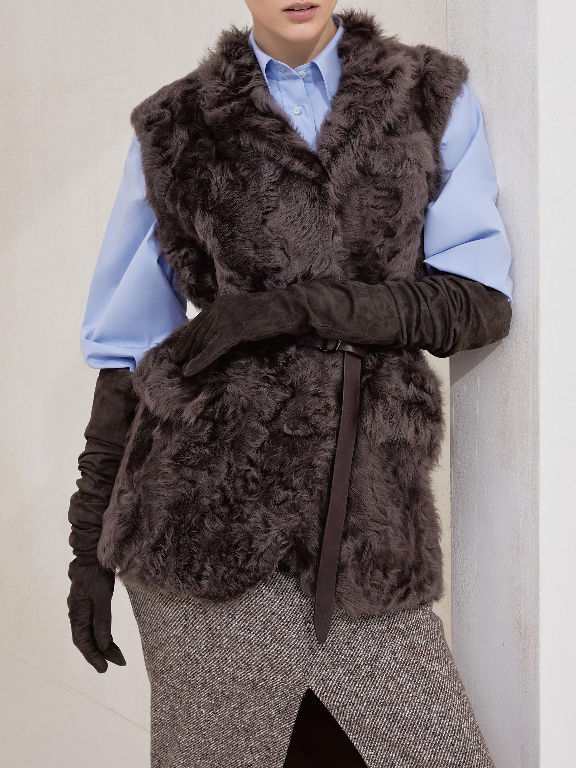 Brunello Cucinelli Wavy Shearling Vest with Leather Belt and