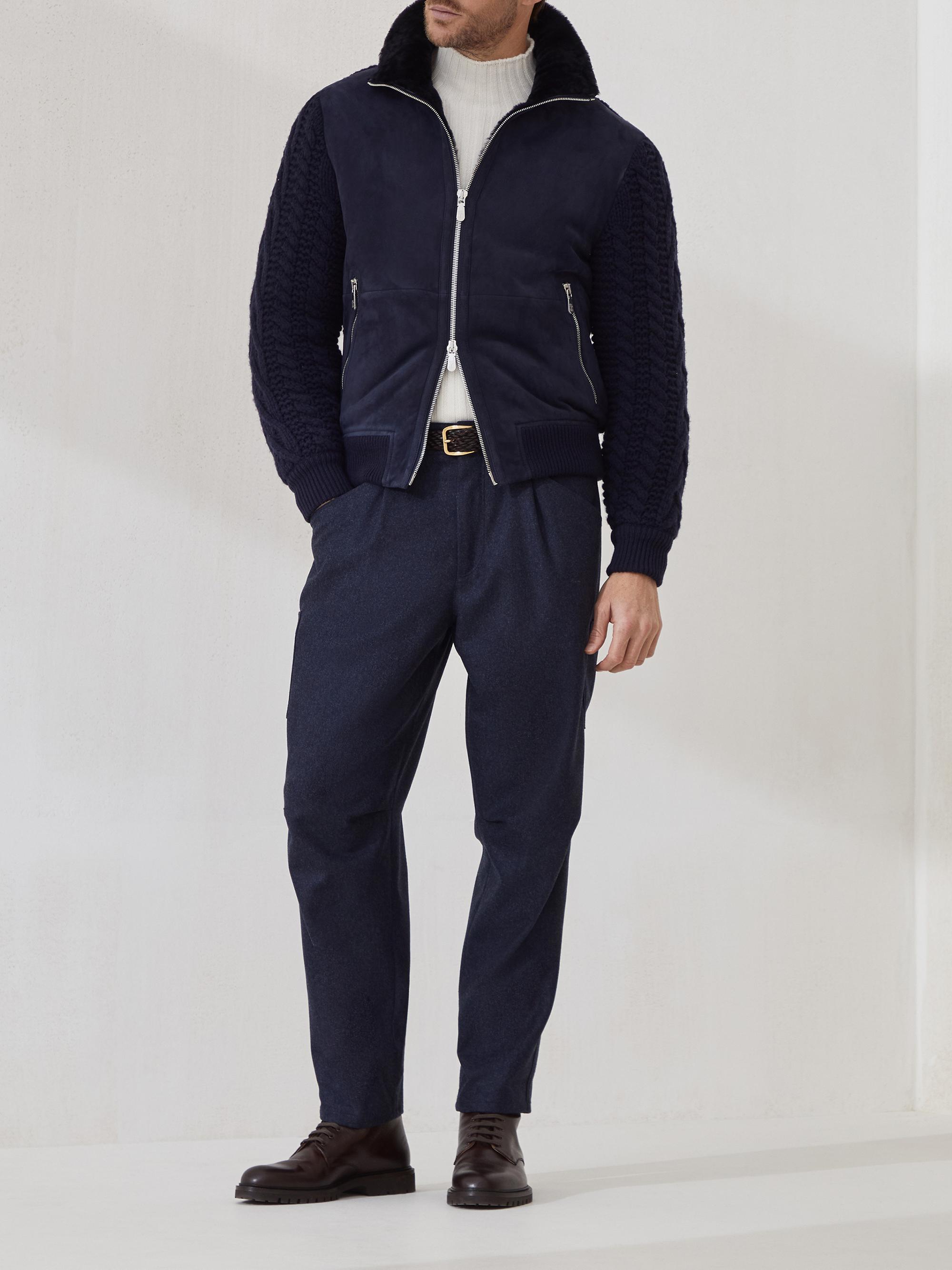 Brunello Cucinelli Suede Shearling and Cashmere Knit Bomber Jacket