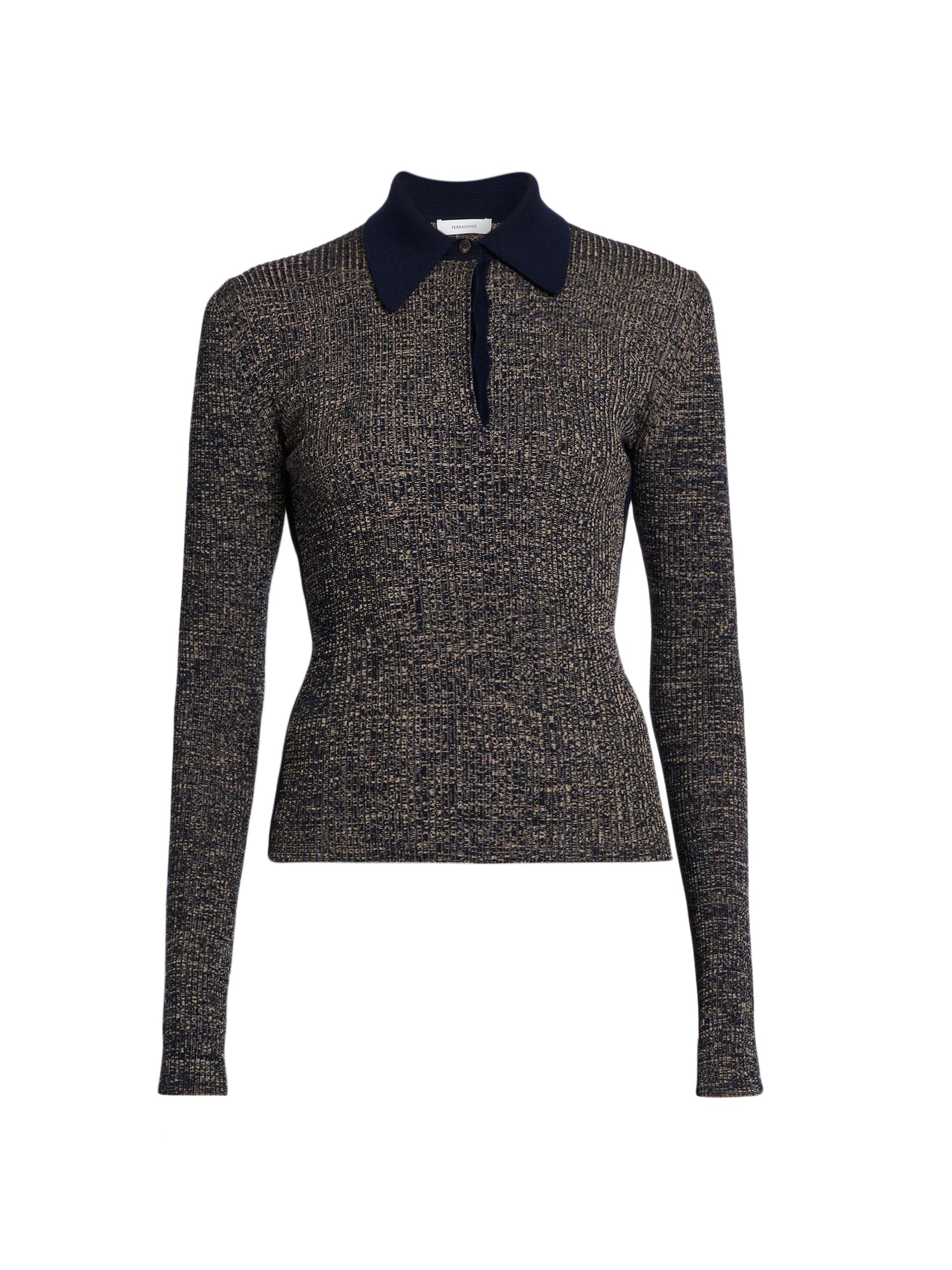 FERRAGAMO Women's Wool-Blend Rib-Knit Long-Sleeve Polo Top - New Navy Corda