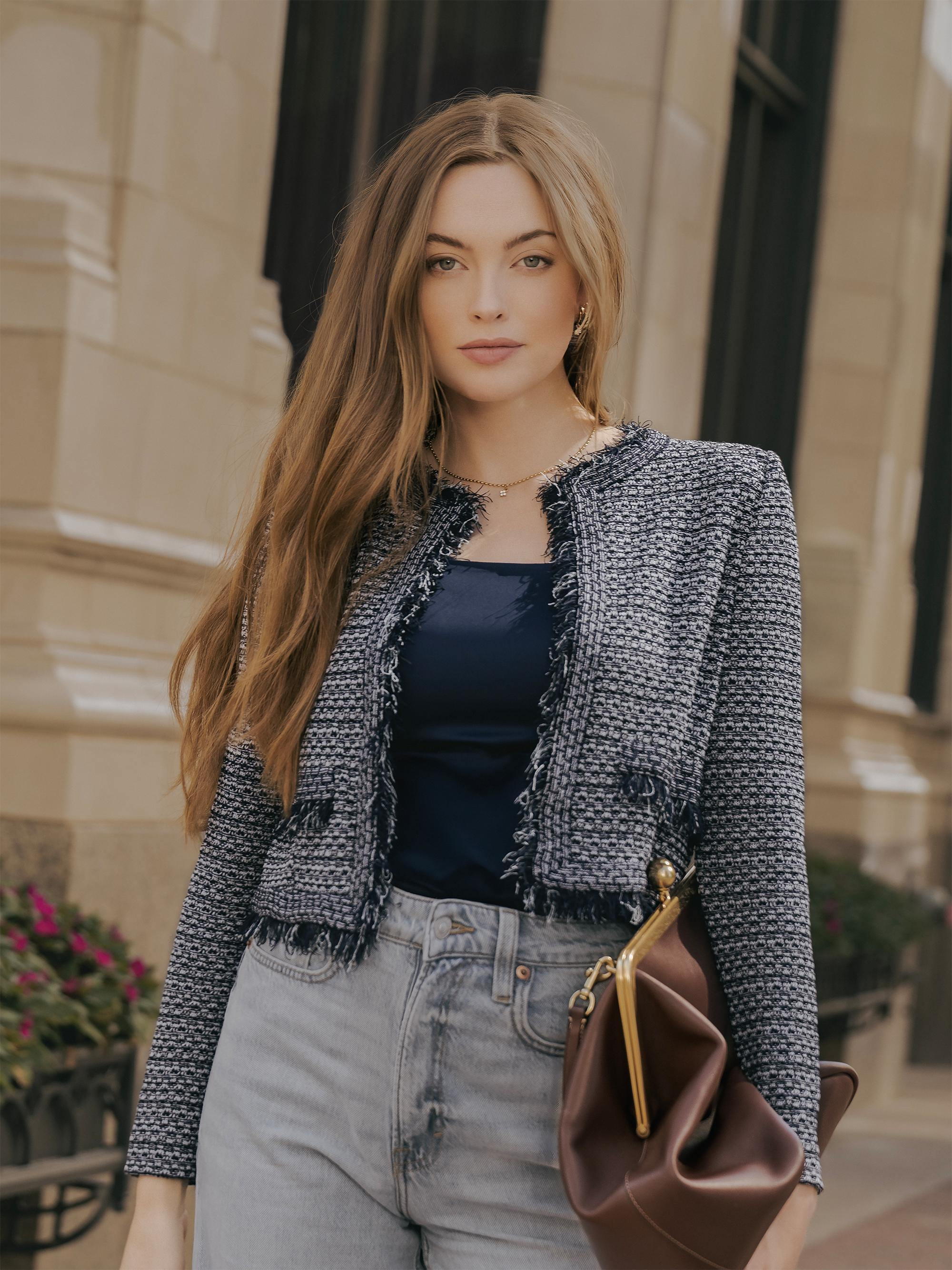 Misook Misook x Lani Lynn Fringe Trim Tweed Knit Cropped Jacket