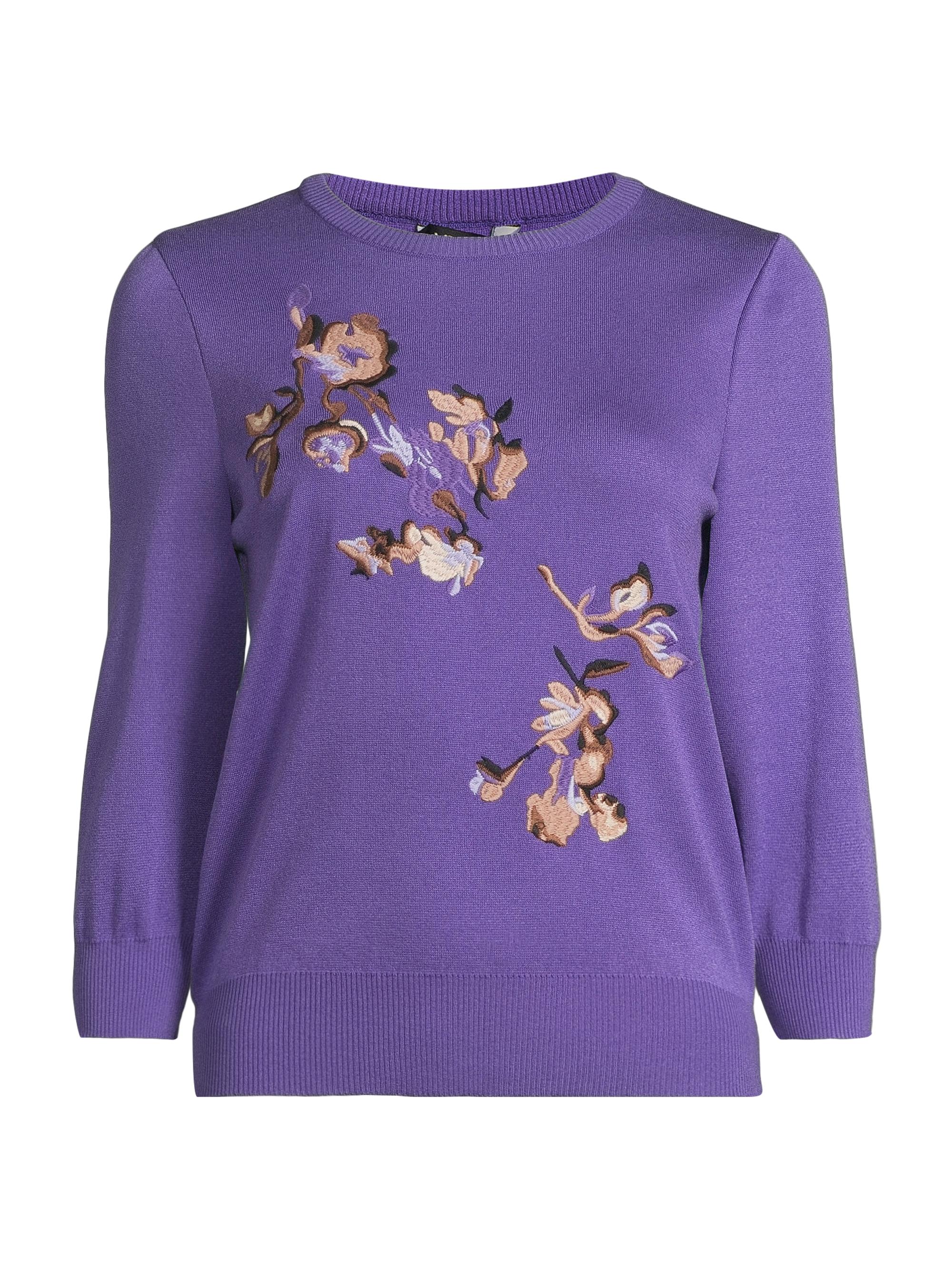 Misook Women's Floral Embroidered Crewneck Sweater - Concord Purple