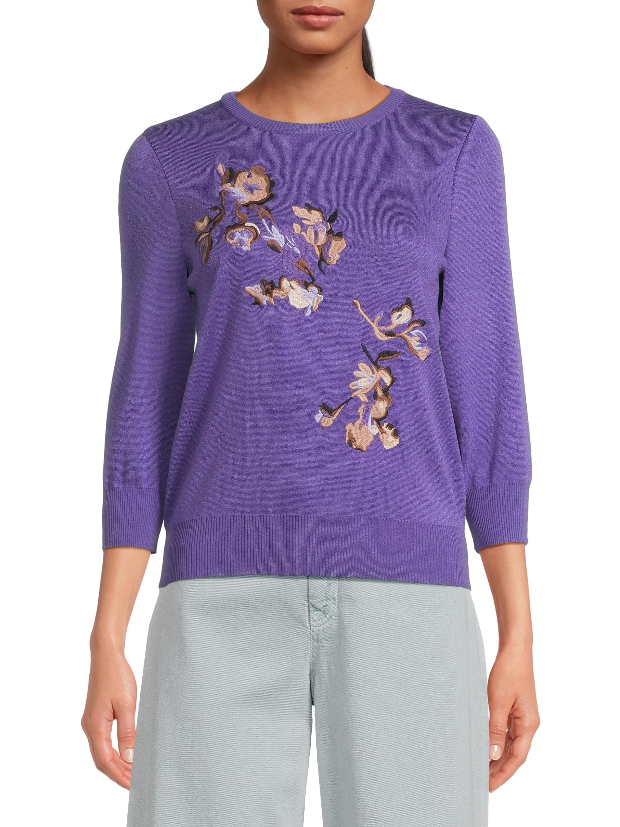 Misook Floral Embroidered Crewneck Sweater | The Summit