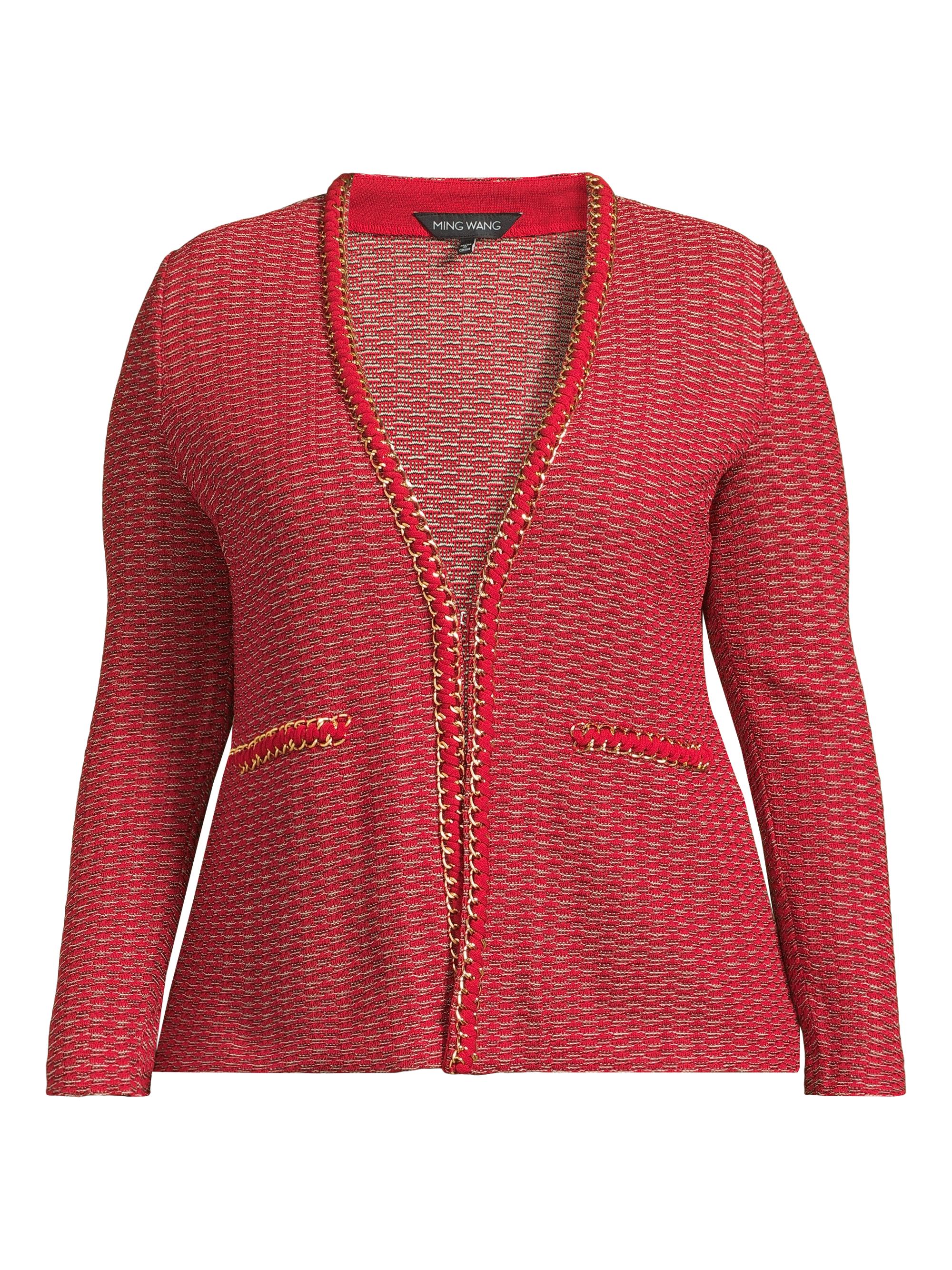 Ming Wang Women's Plus Size Whipstitch Chain-Trimmed Knit Jacket - Holiday Twig Black