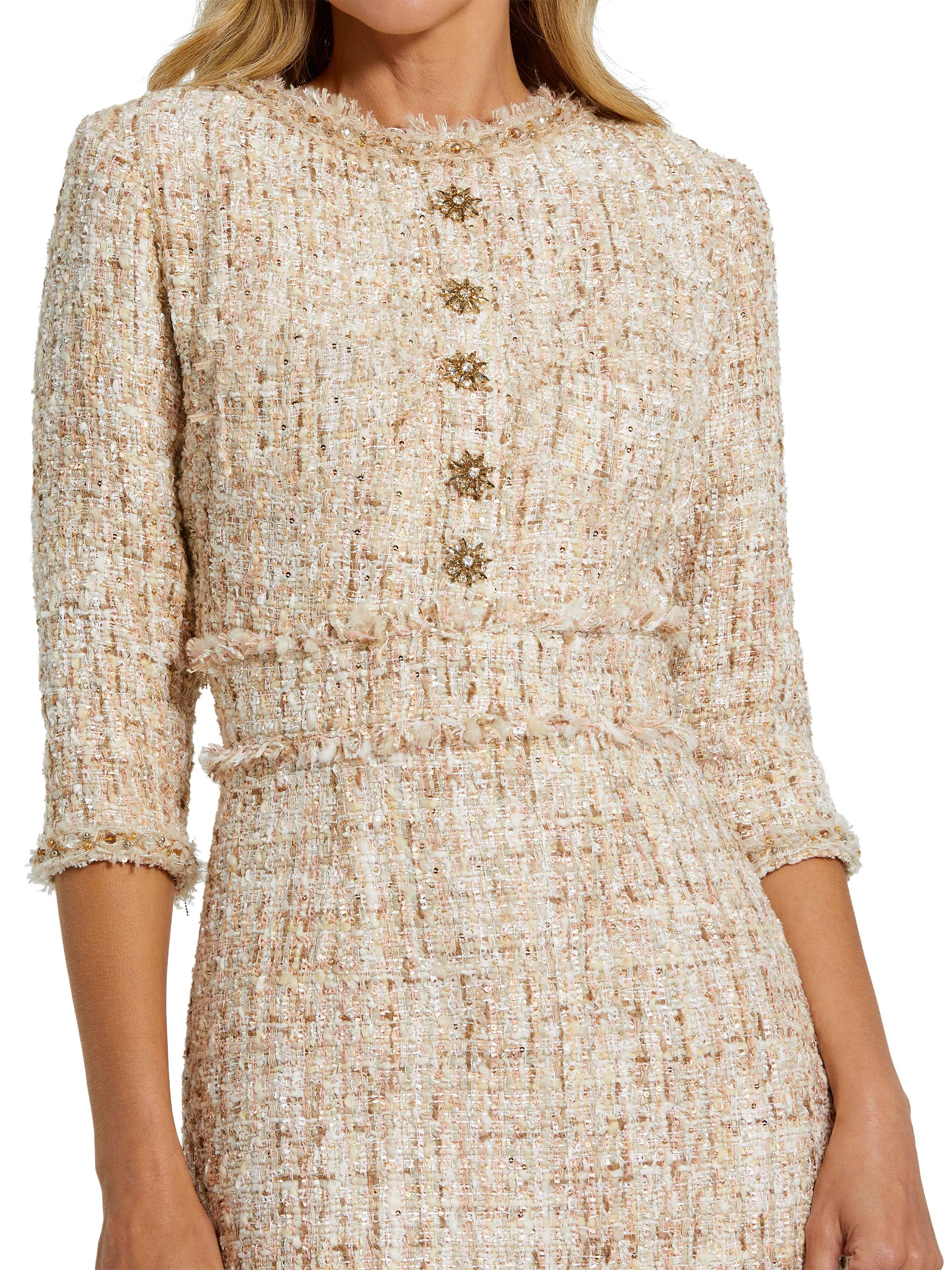 chinese dress ladies Mac Duggal Boucle Cap Sleeve Button Up Midi Dress