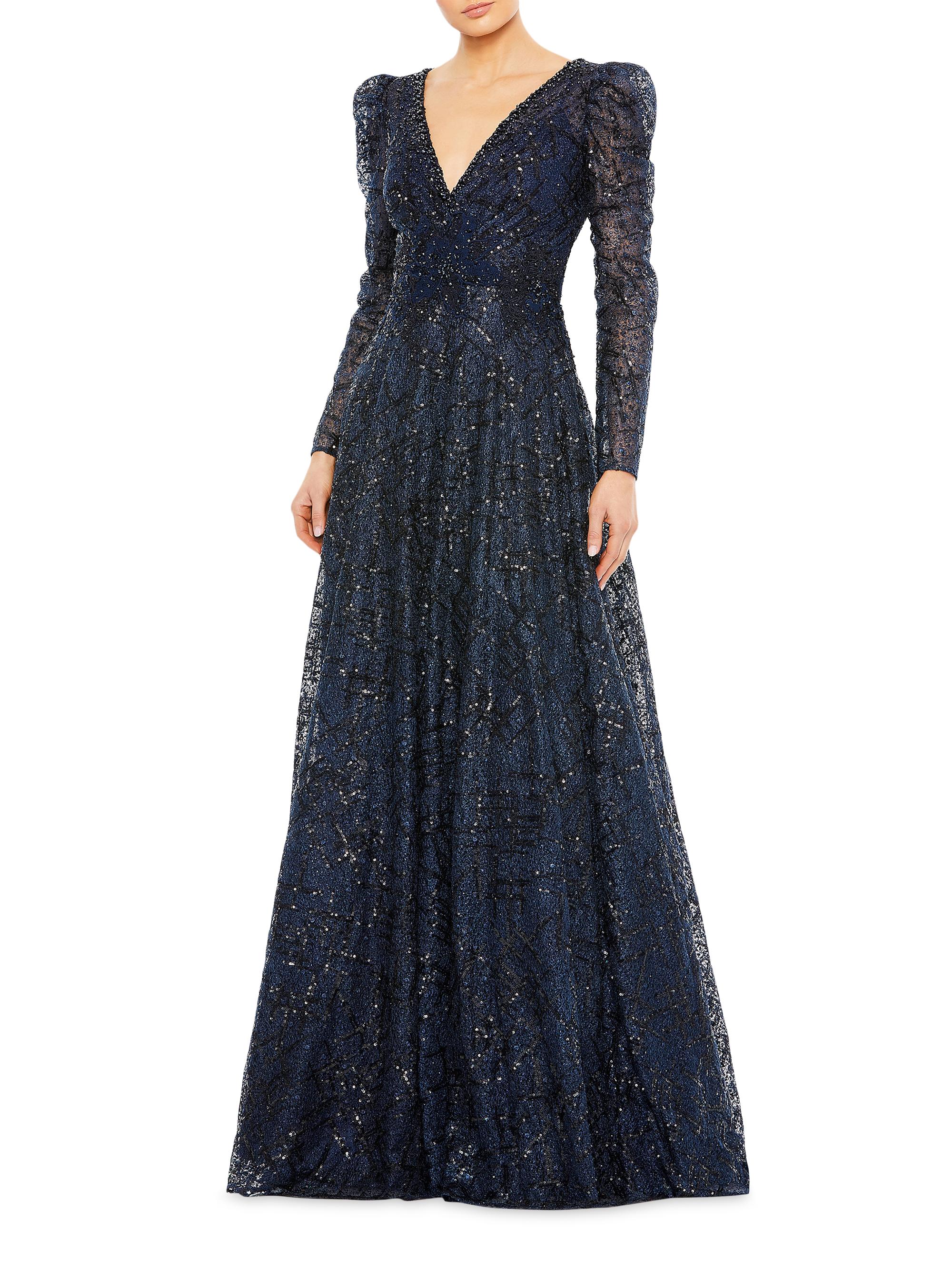 Mac Duggal Women's Embellished Mesh V-Neck Long-Sleeve Evening Gown - Midnight