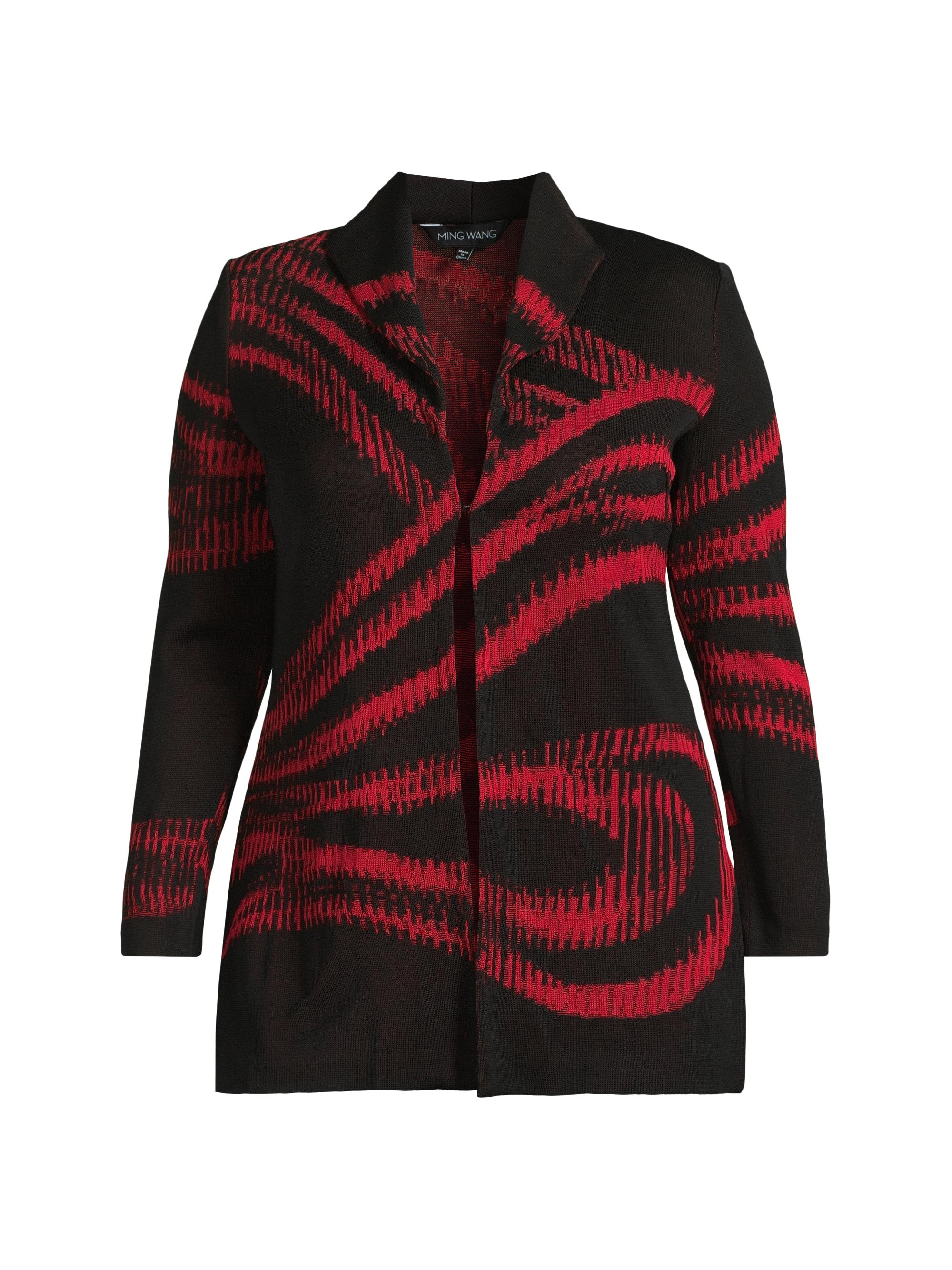 Ming Wang Women's Plus Size Two-Tone Jacquard Wave Knit Jacket - Holiday Black