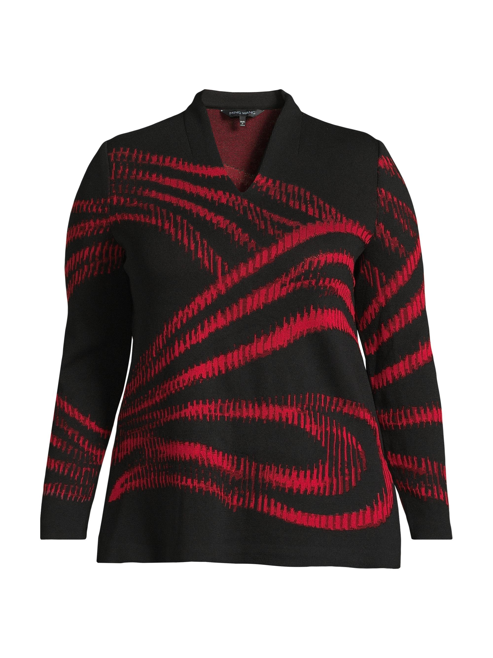 Ming Wang Women's Plus Abstract Jacquard Knit Top - Holiday Black