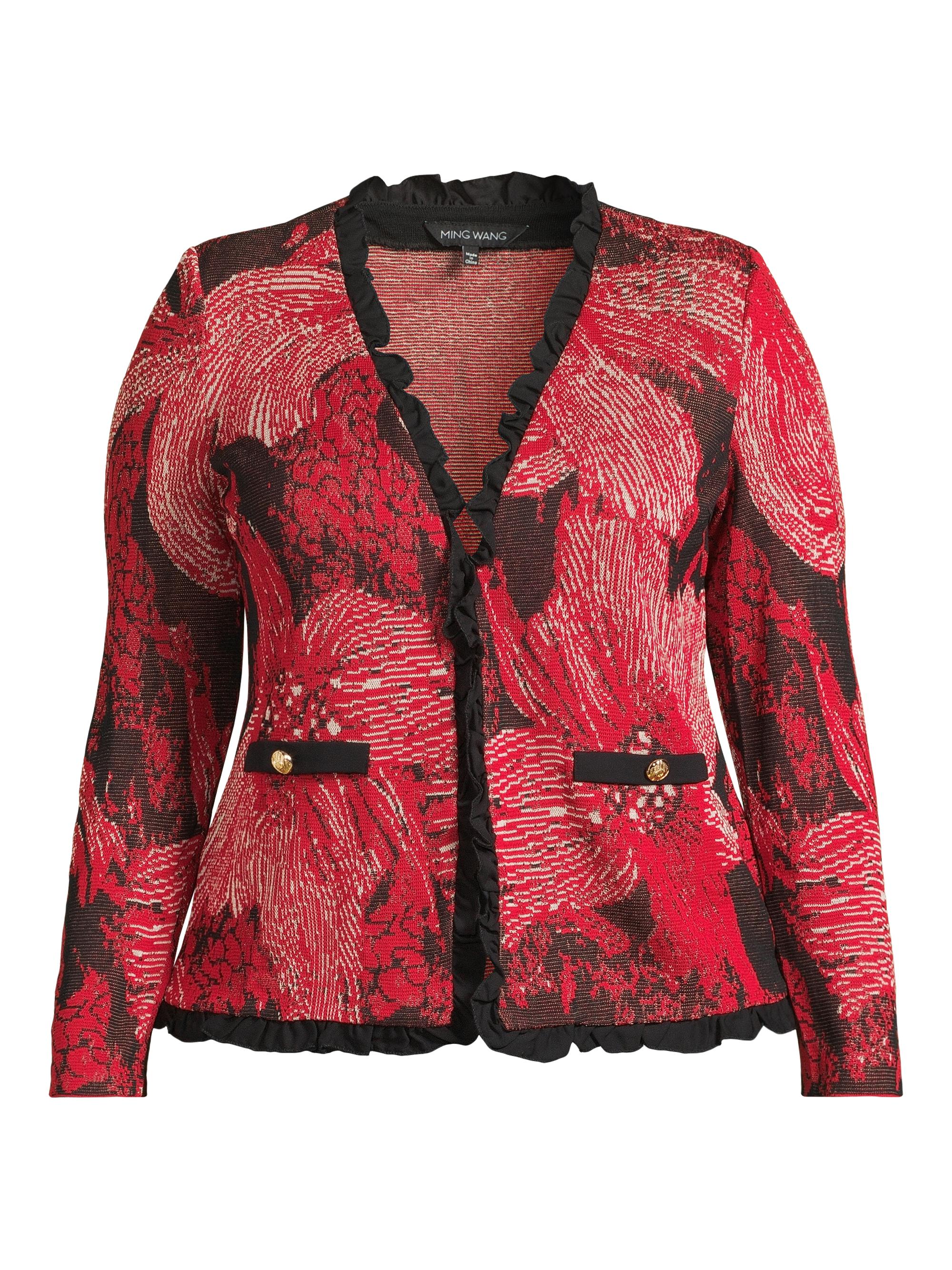 Ming Wang Women's Plus Floral Ruffled Heritage-Fit Jacket - Holiday Twig Black