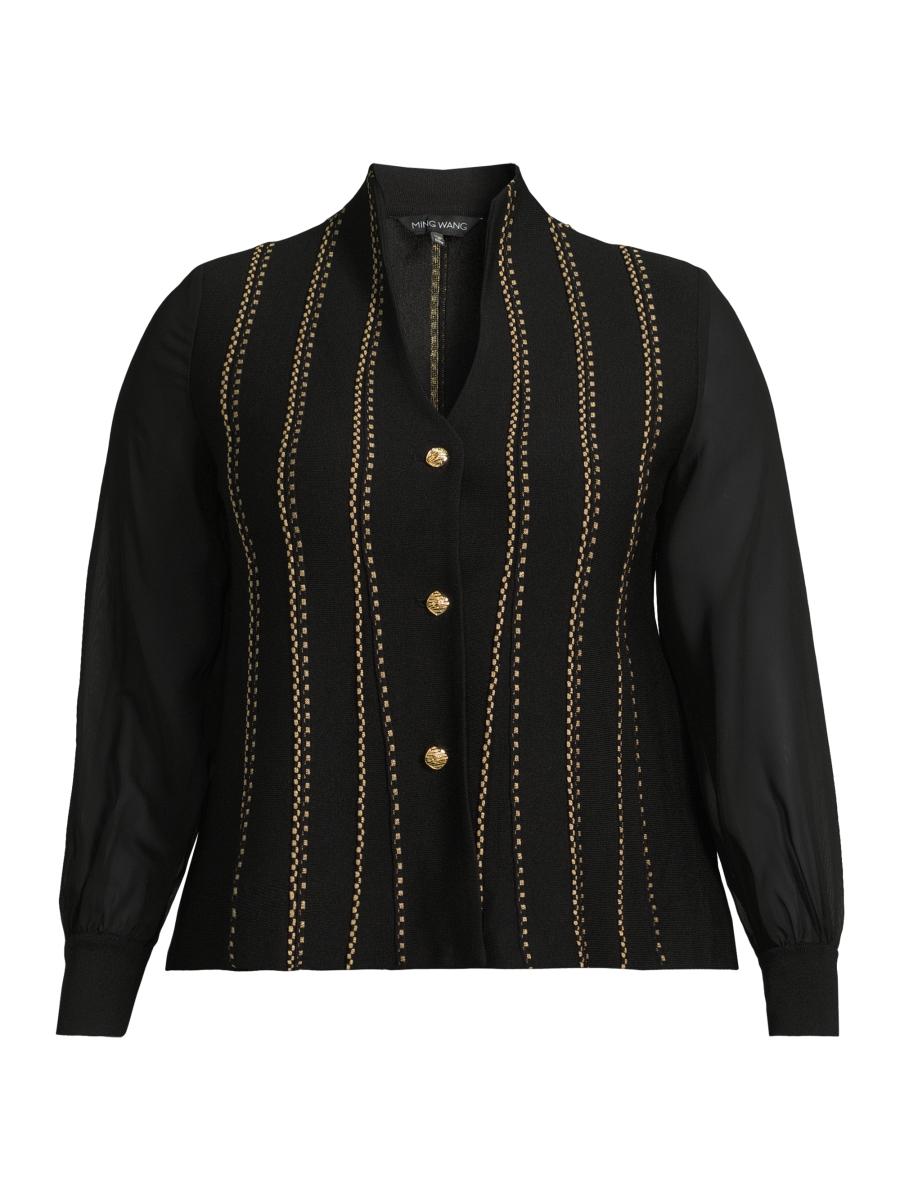 Ming Wang Women's Plus Metallic Knit Button-front Cardigan In Black Gold