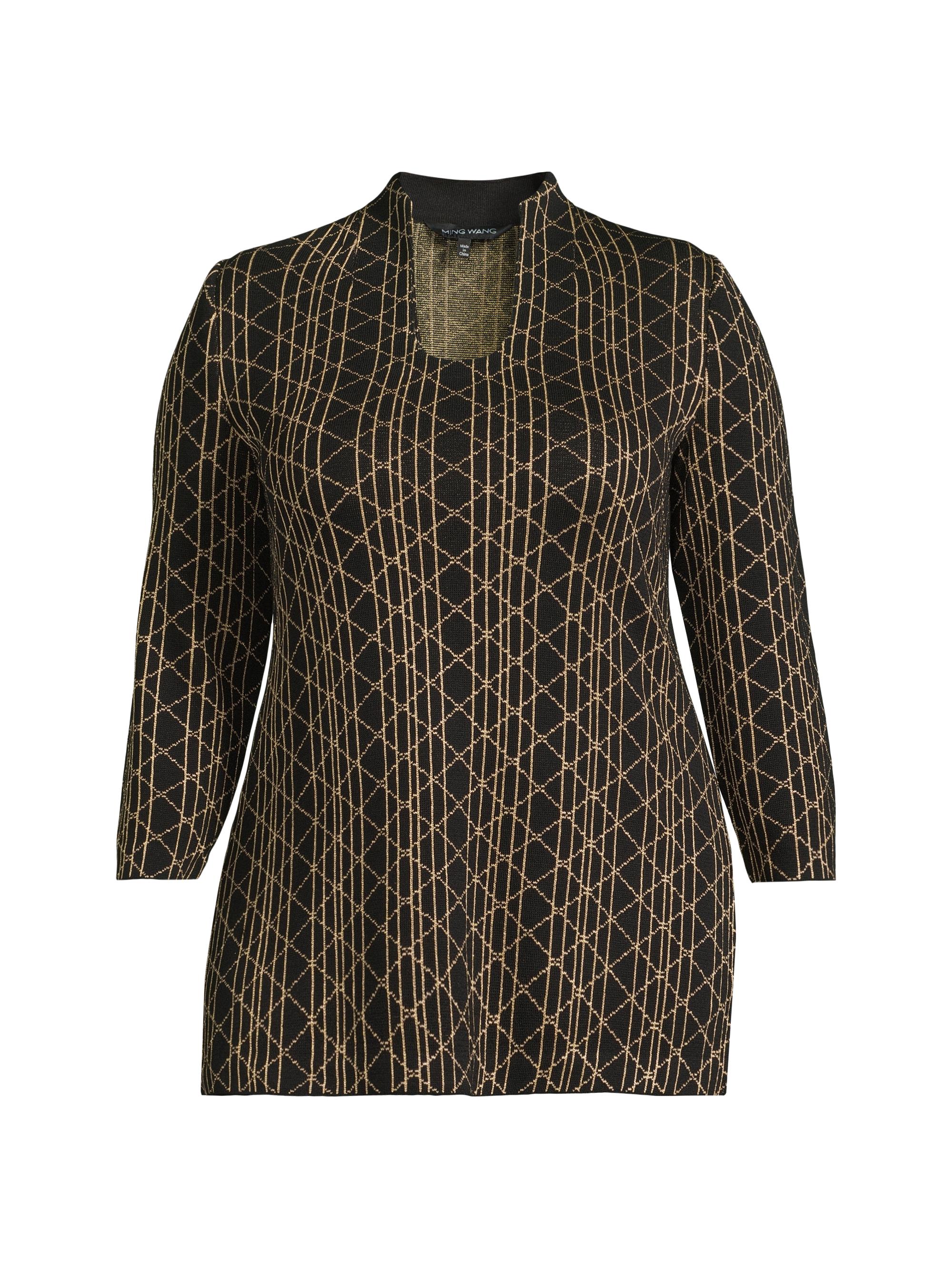 Ming Wang Women's Plus Art Deco Geometric Knit Top - Black Gold