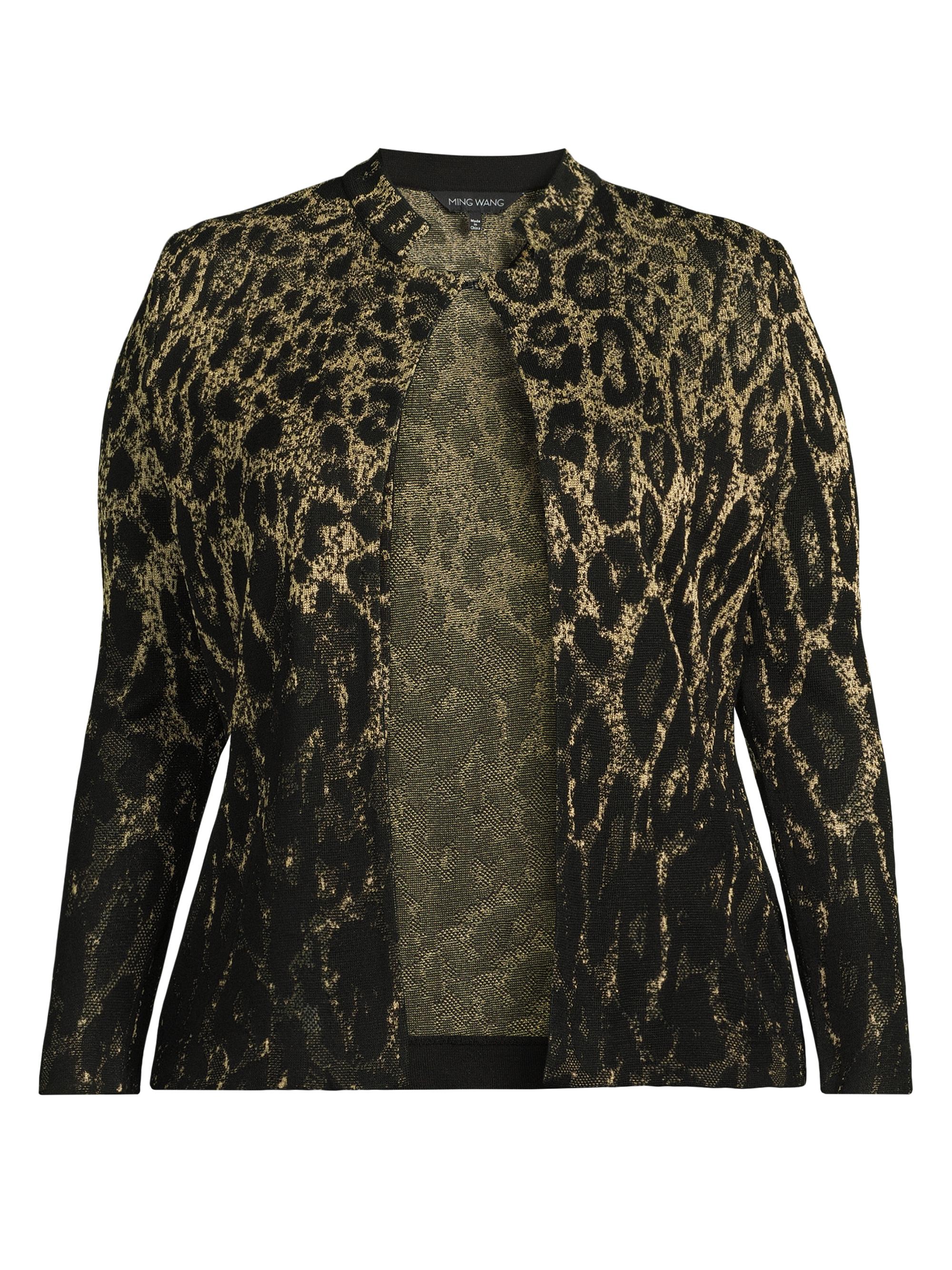 Ming Wang Women's Plus Metallic Leopard Jacquard Knit Jacket - Black Gold