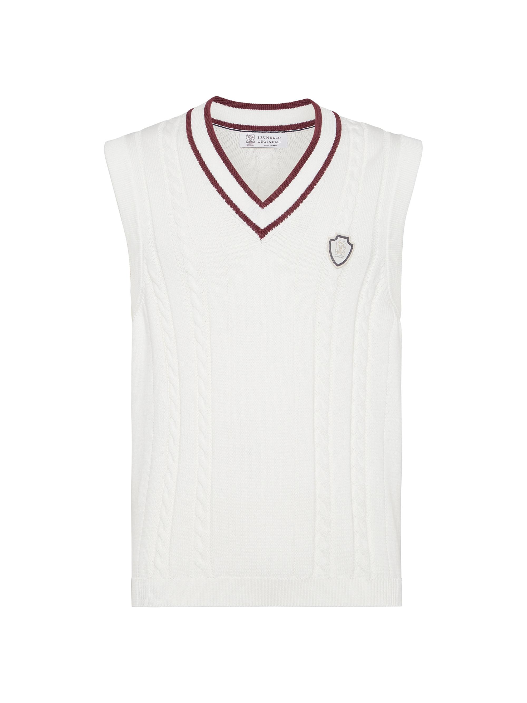 Brunello Cucinelli Men's Cotton Cable Knit Sweater Vest with Logo - Panama