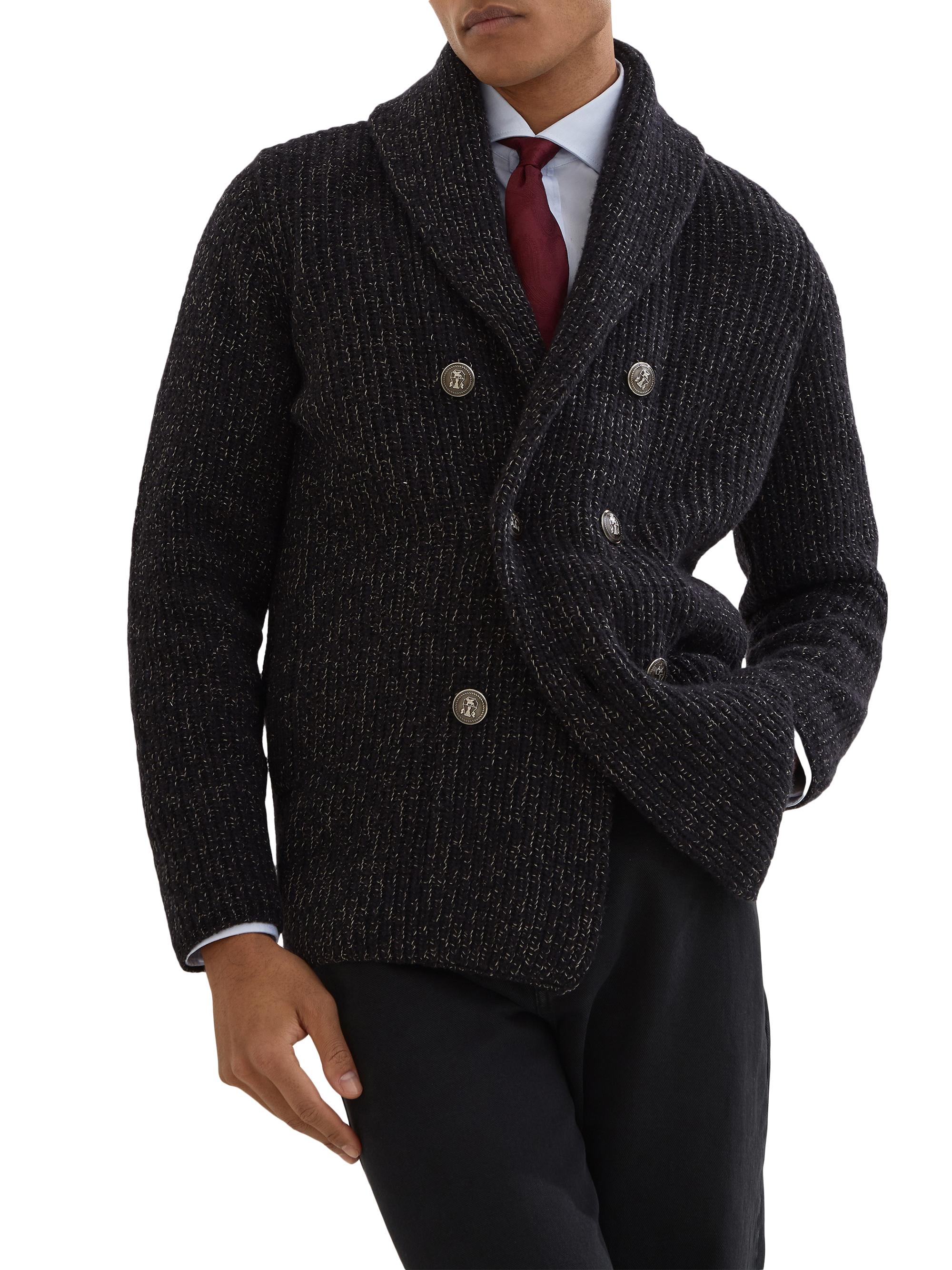 Brunello Cucinelli Men's Wool Blend Half English Rib One and a Half Breasted Cardigan - Black