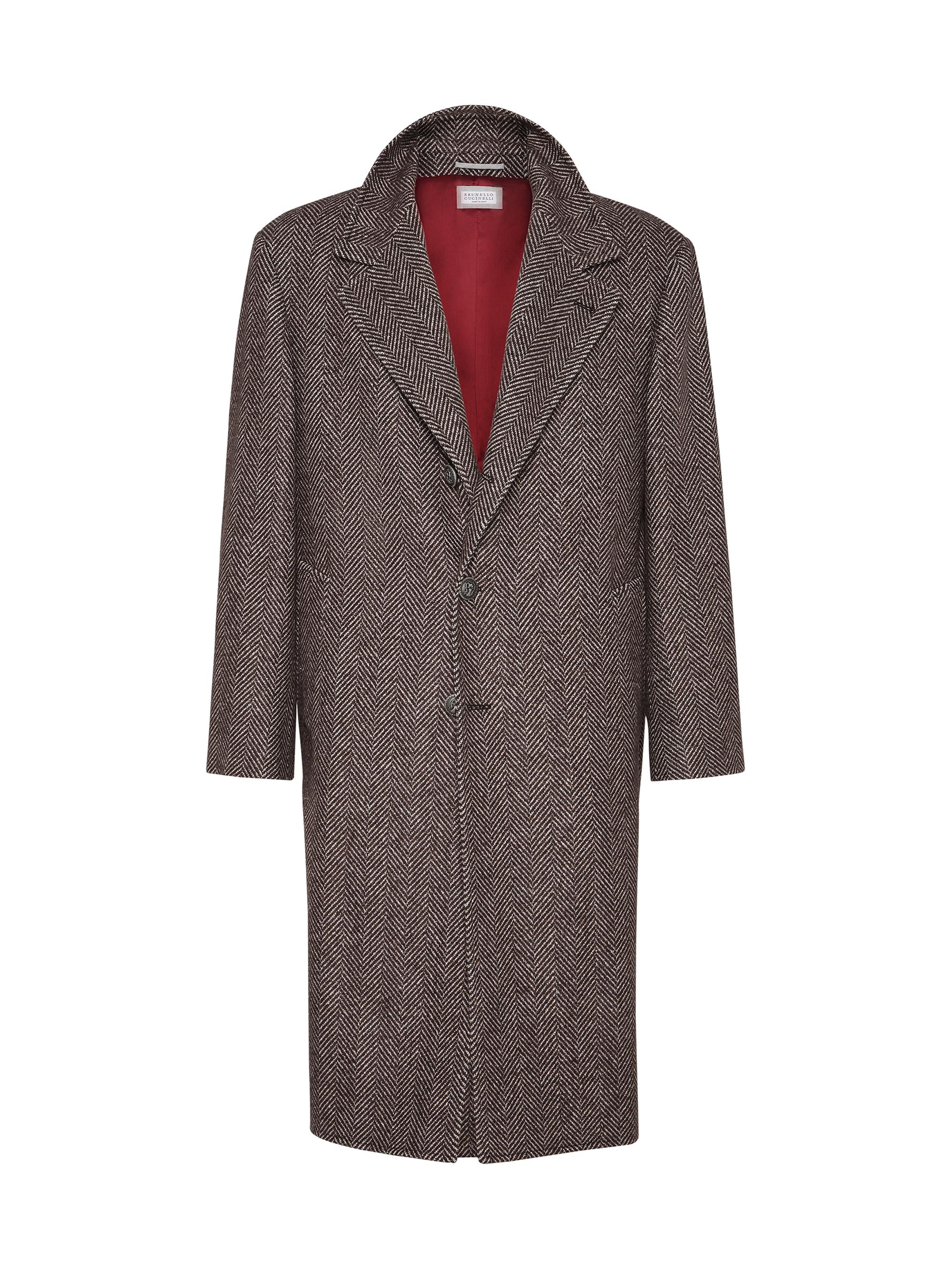 Brunello Cucinelli Men's Cashmere and Silk Chevron Flannel Coat with Metal Buttons - Brown