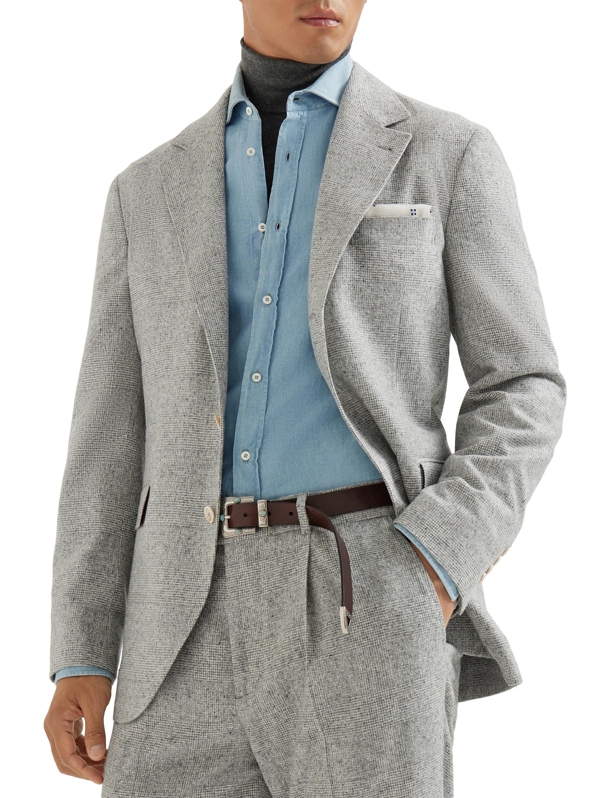 Brunello Cucinelli Men's Silk Blend Flecked Prince of Wales Flannel Deconstructed Blazer - Light Grey