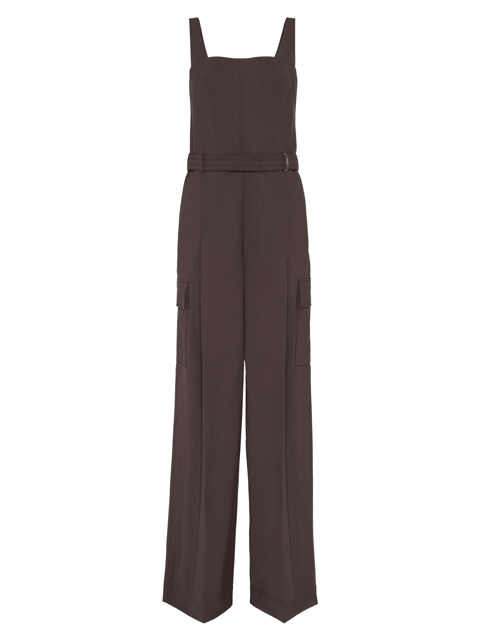 Brunello Cucinelli Women's Tropical Luxury Wool Jumpsuit with Monili - Cocoa