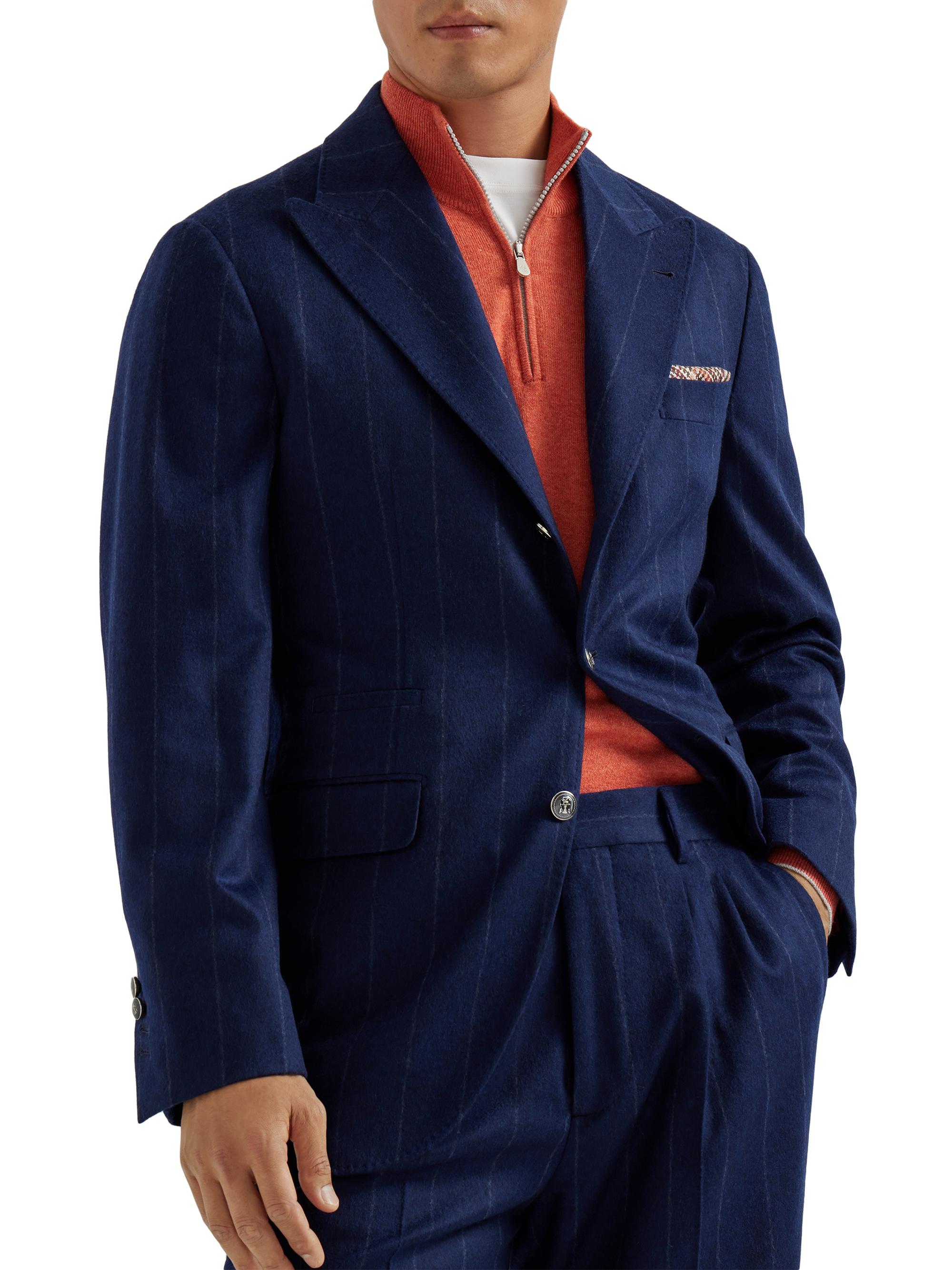 Brunello Cucinelli Men's Wool Blend Wide Chalk Stripe Flannel Deconstructed Blazer with Large Peak Lapels - Avio Blue