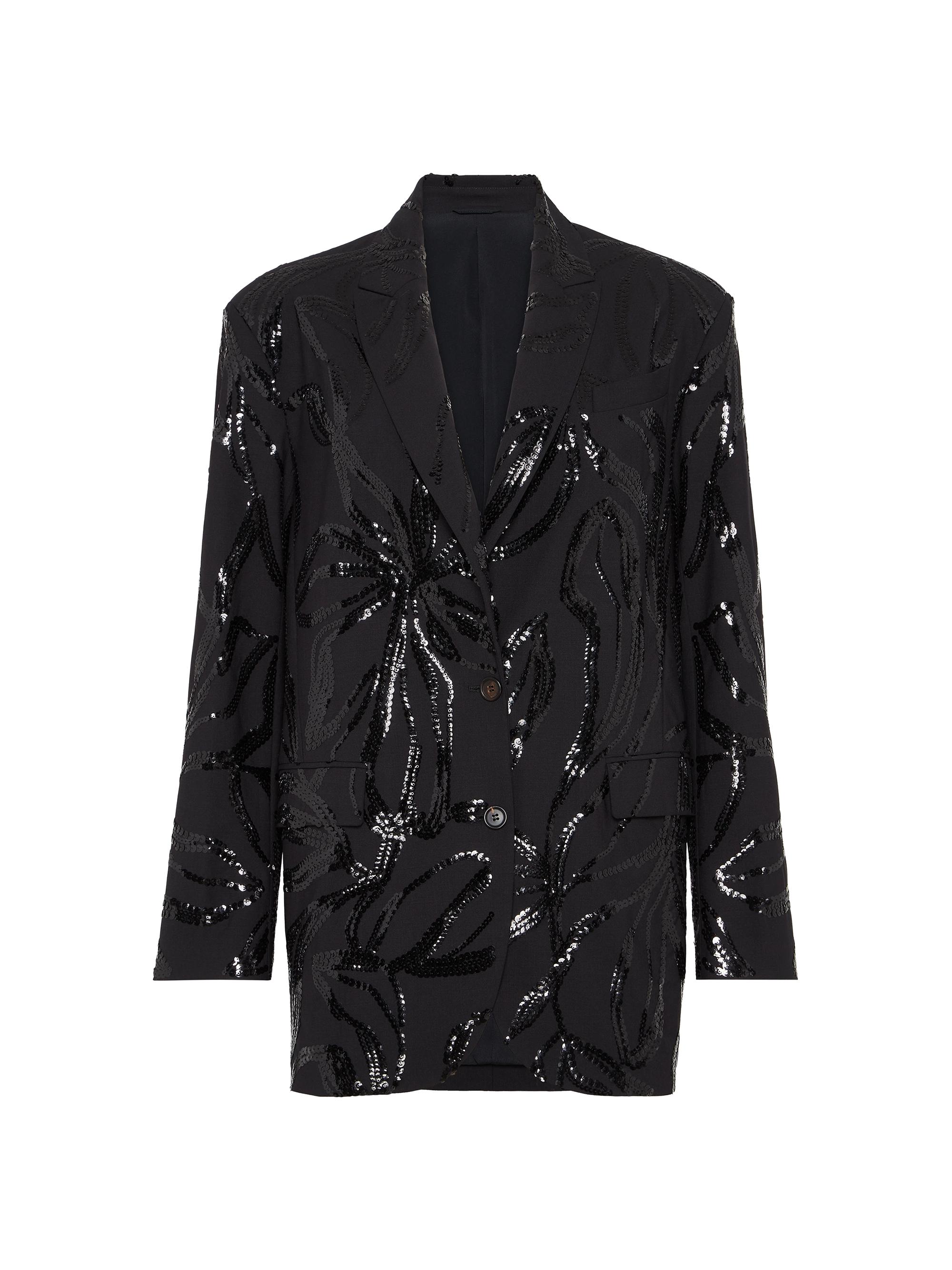 Brunello Cucinelli Women's Tropical Luxury Wool Blazer with Dazzling Floral Embroidery - Black