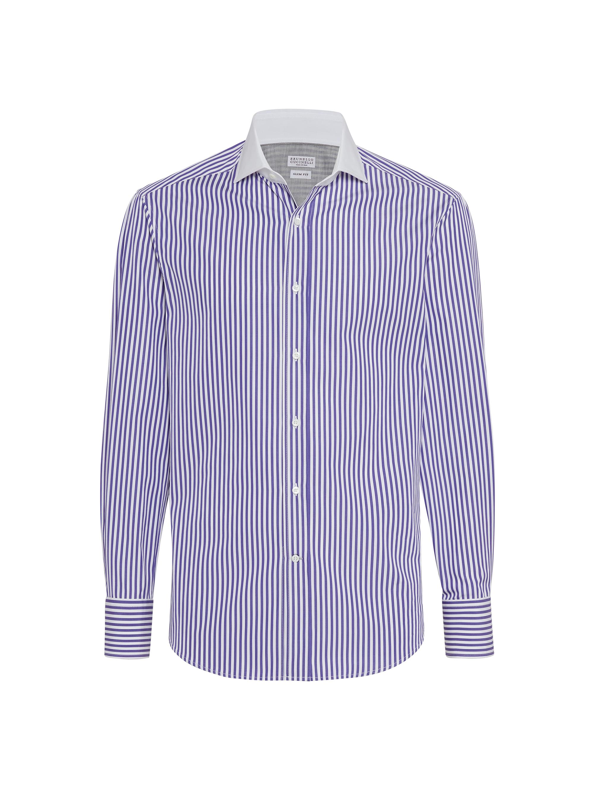 Brunello Cucinelli Men's Striped Poplin Slim Fit Shirt with Collar - Purple