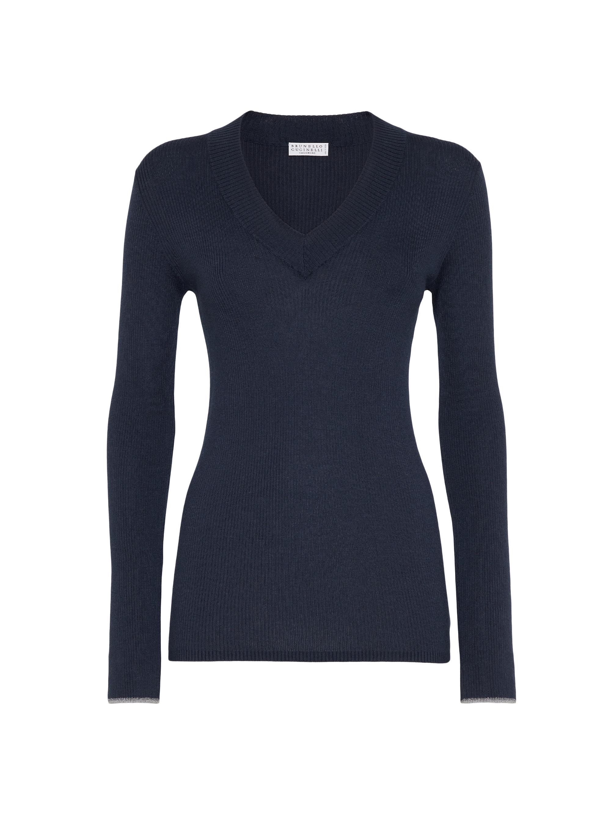 Brunello Cucinelli Women's Cashmere and Silk Lightweight Sweater with Sparkling Cuffs - Navy Blue