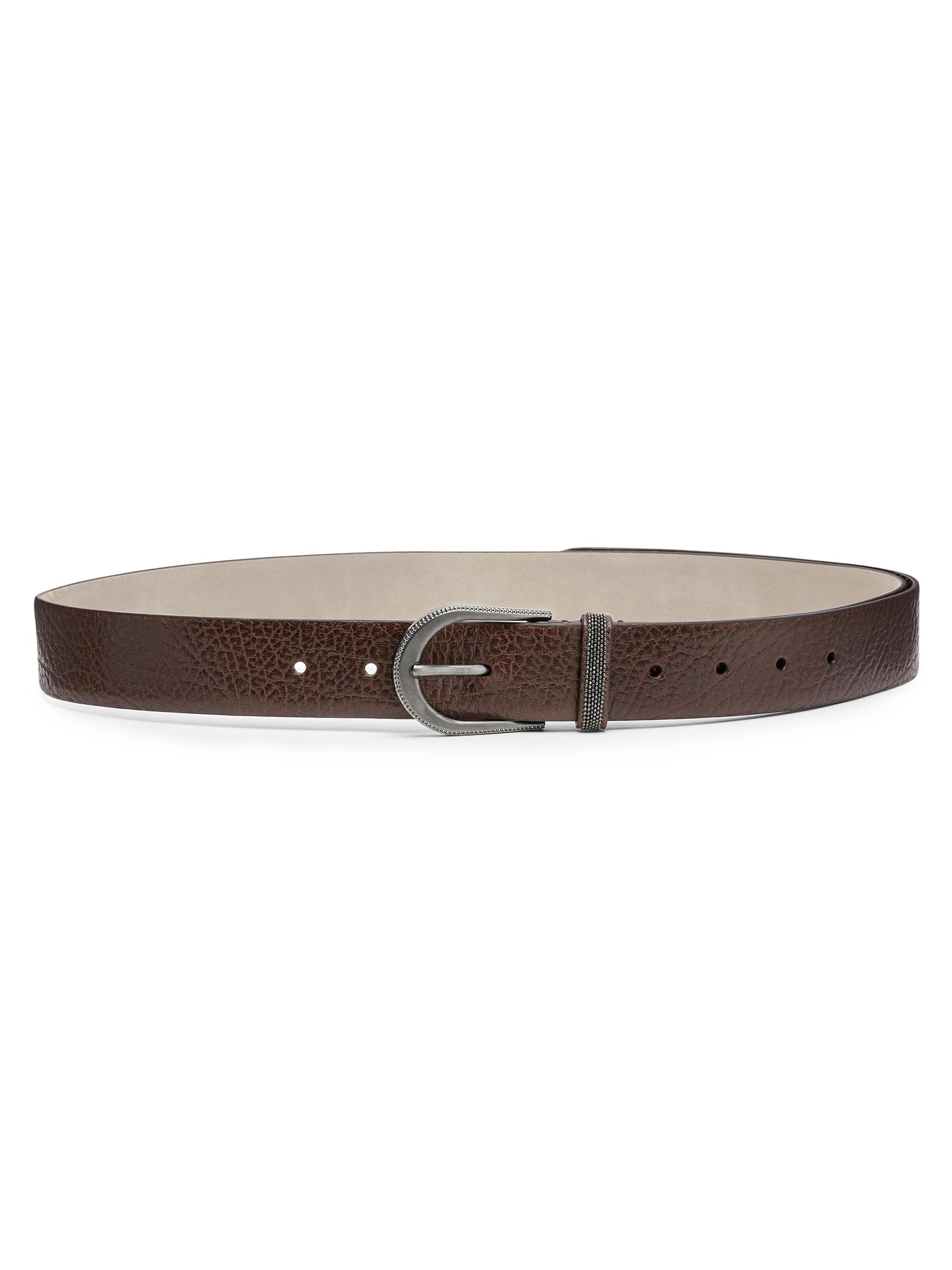 Brunello Cucinelli Women's Glossy Hammered Calfskin Belt with Monili - Tobacco
