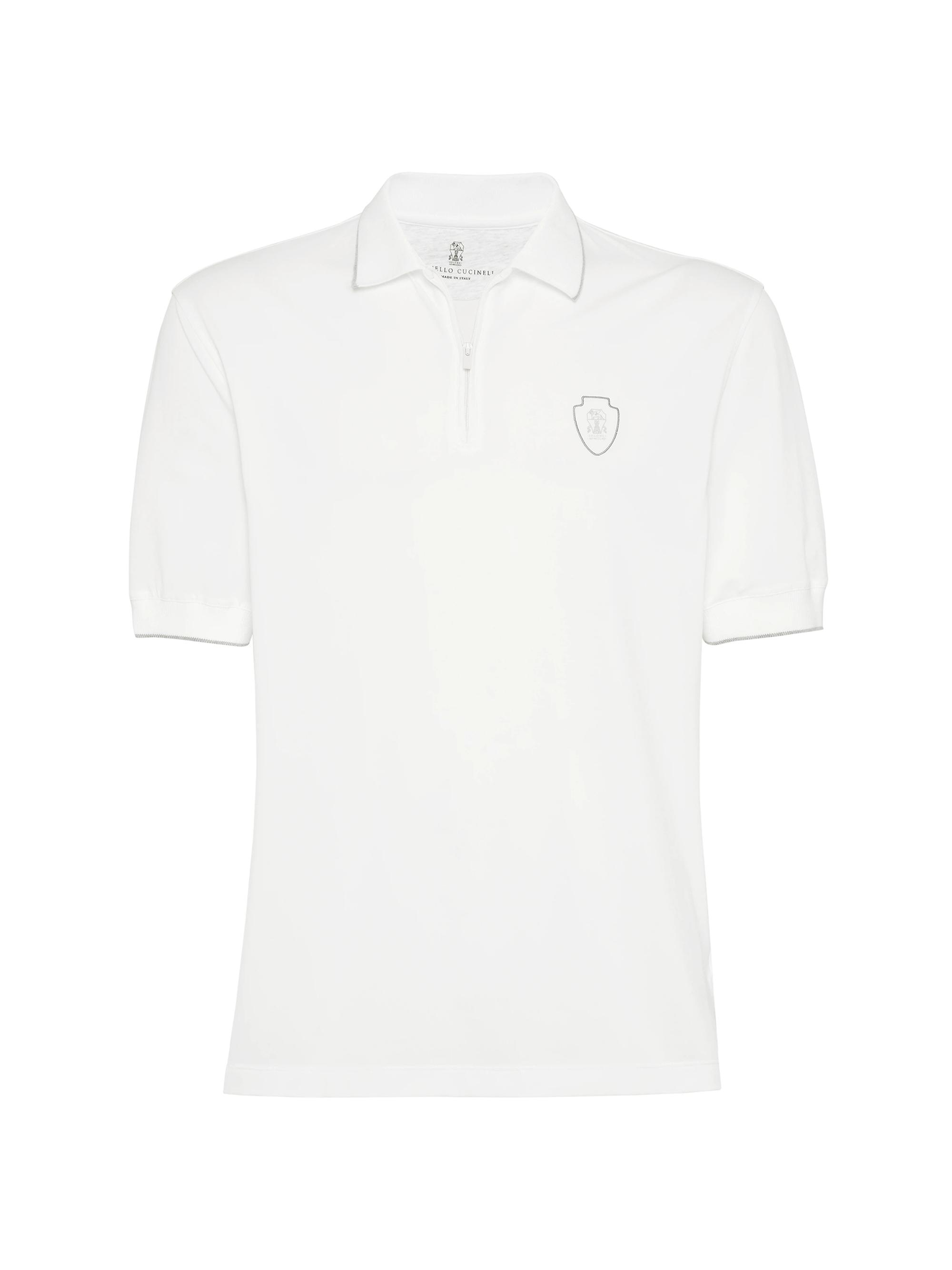 Brunello Cucinelli Men's Techno Piqué Polo Shirt with Half Zip - White